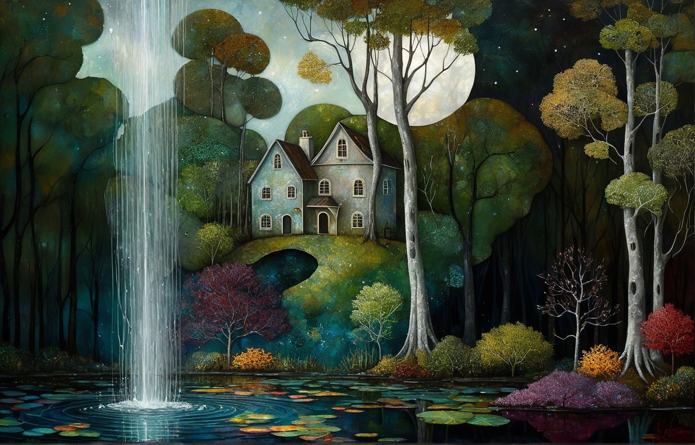 Colorful Night Waterfall Scene with House and Nature