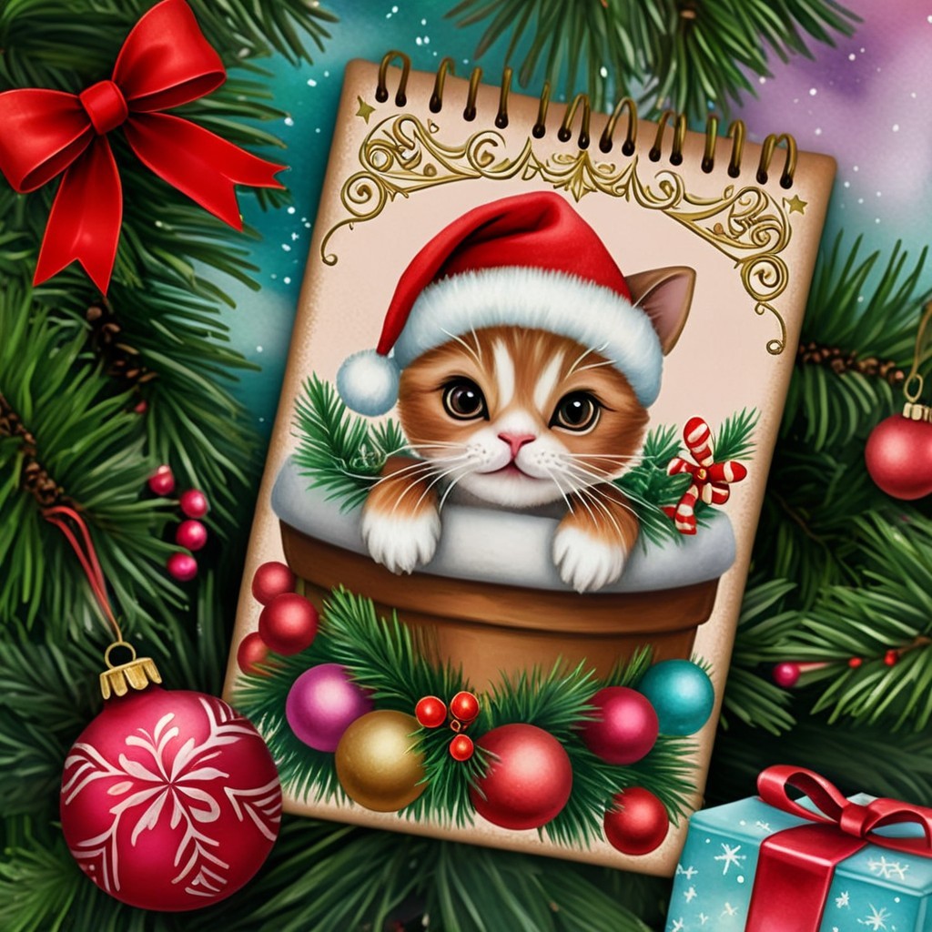 Christmas Scene with Kitten in Santa Hat and Ornaments