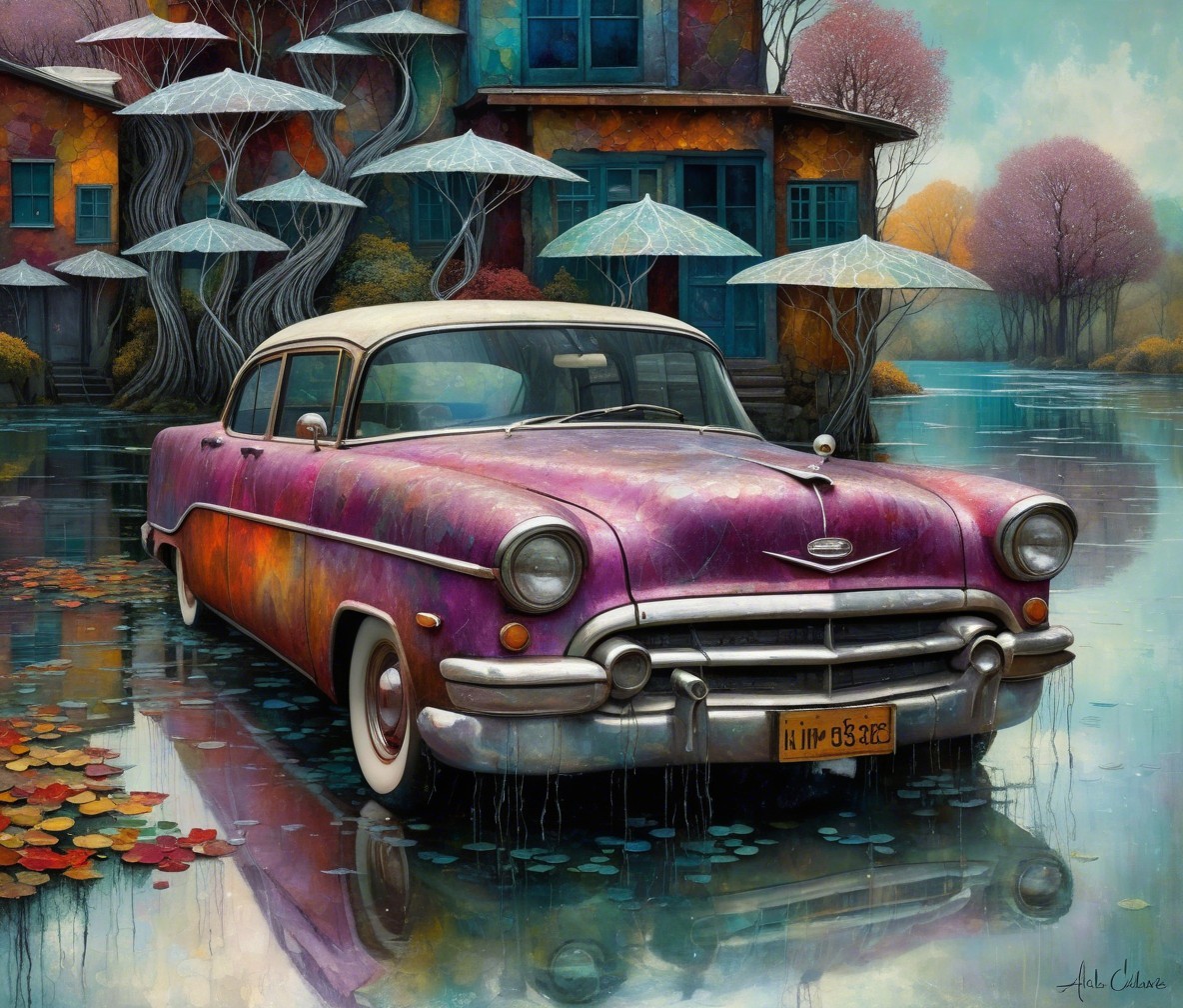 1950s Purple Car Reflected in Still Lake Water