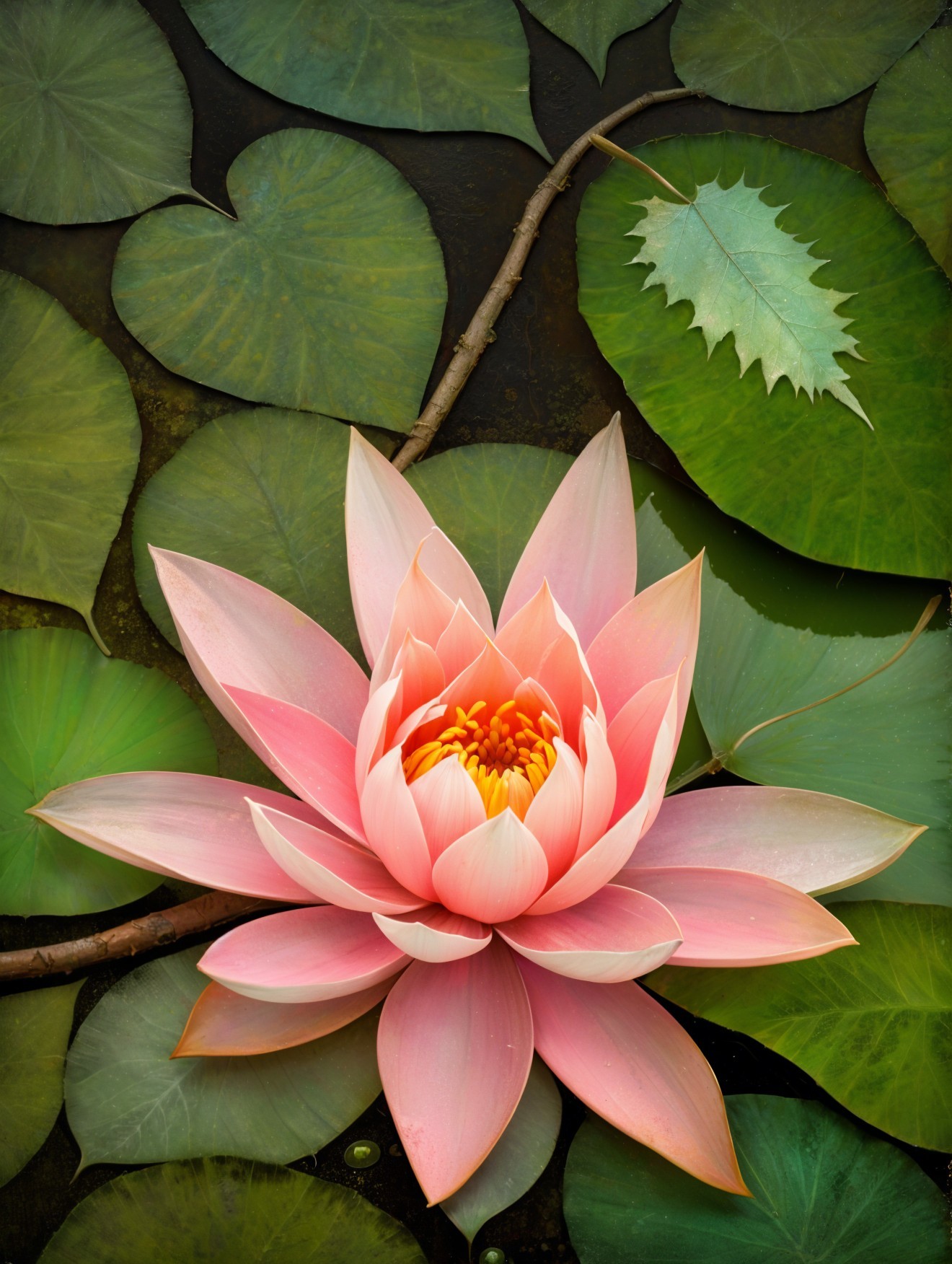 Top-down view of a pink lotus in a dark pond
