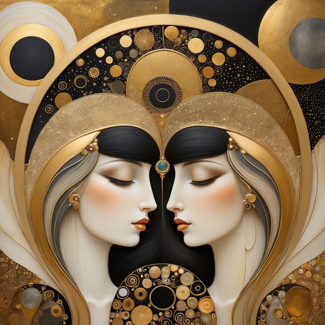 Art Deco Portrait of Two Women with Golden Accents