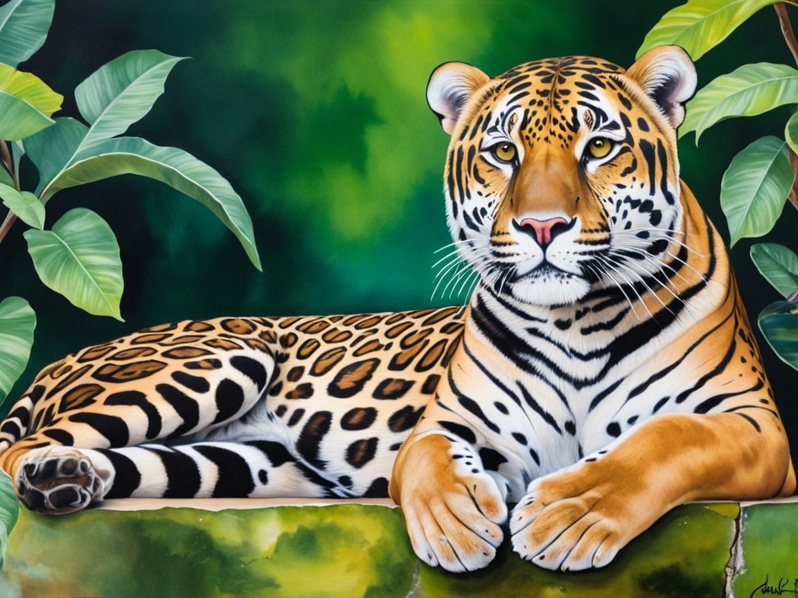 Jaguar Resting on Moss with Lush Green Foliage