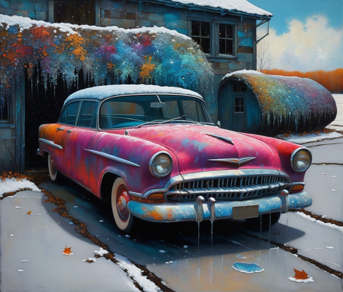 1950s Sedan with Snow and Vintage Features Outdoors