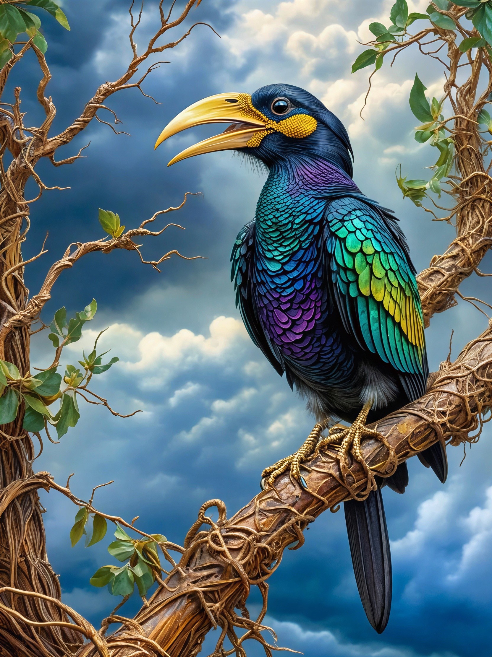 Colorful Hornbill-like Bird on Twisted Branch with Stormy Sky