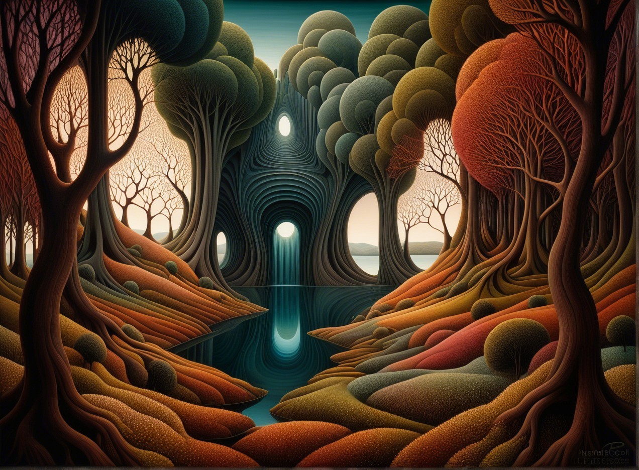 Fantastical Forest Landscape with Intricate Trees and Waterfall