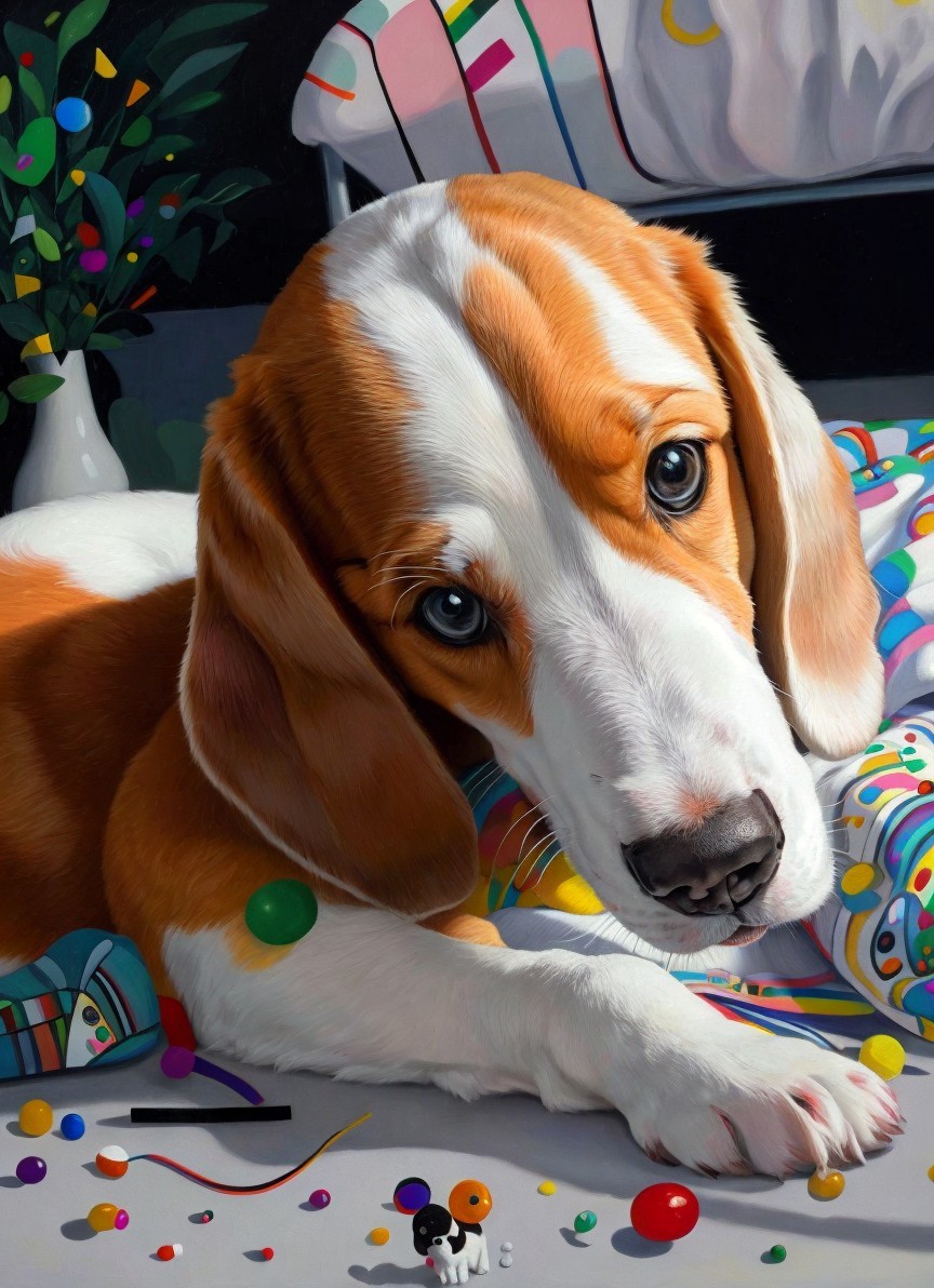 Playful Beagle on Colorful Blanket with Toys