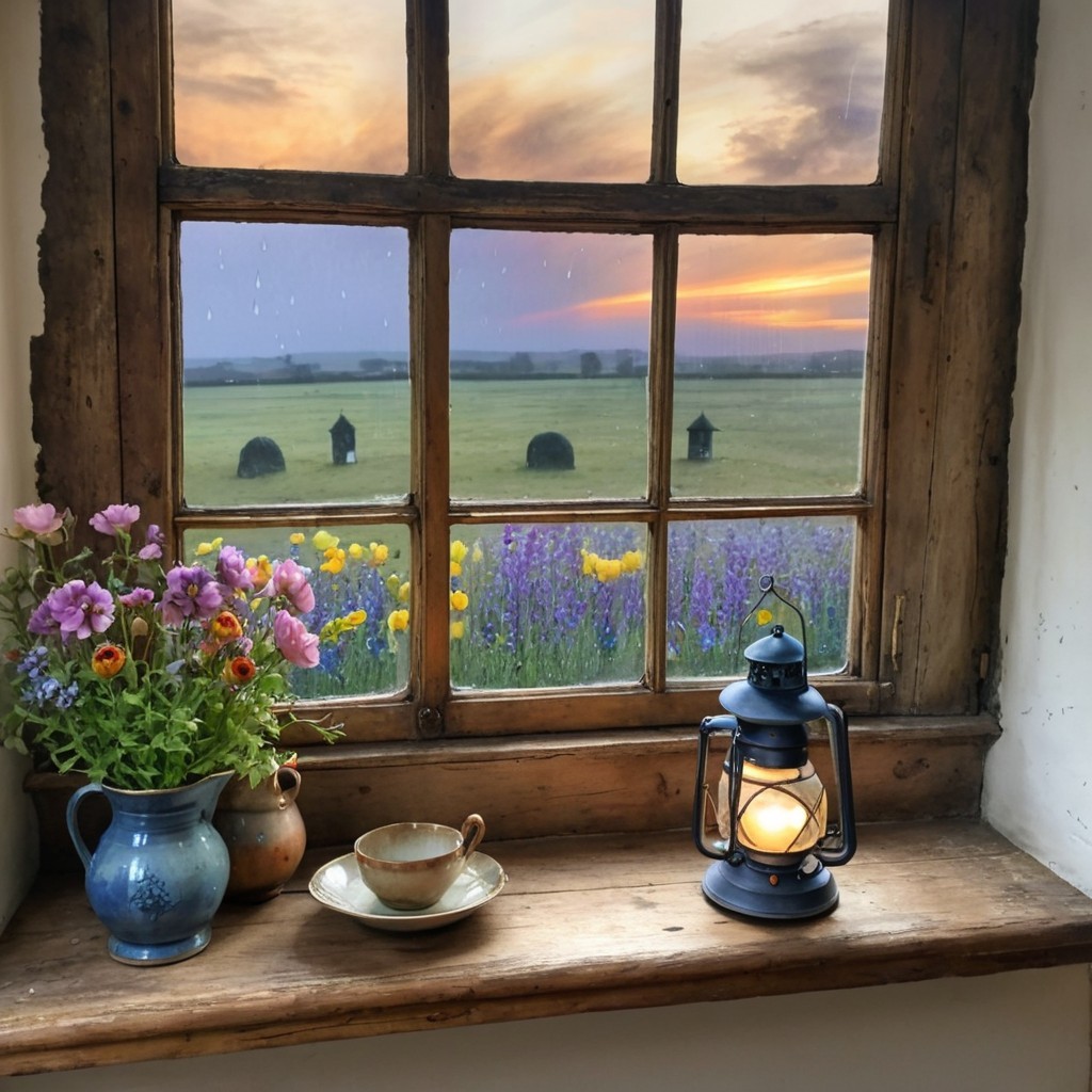 Rustic Window View of Flower Field at Dusk