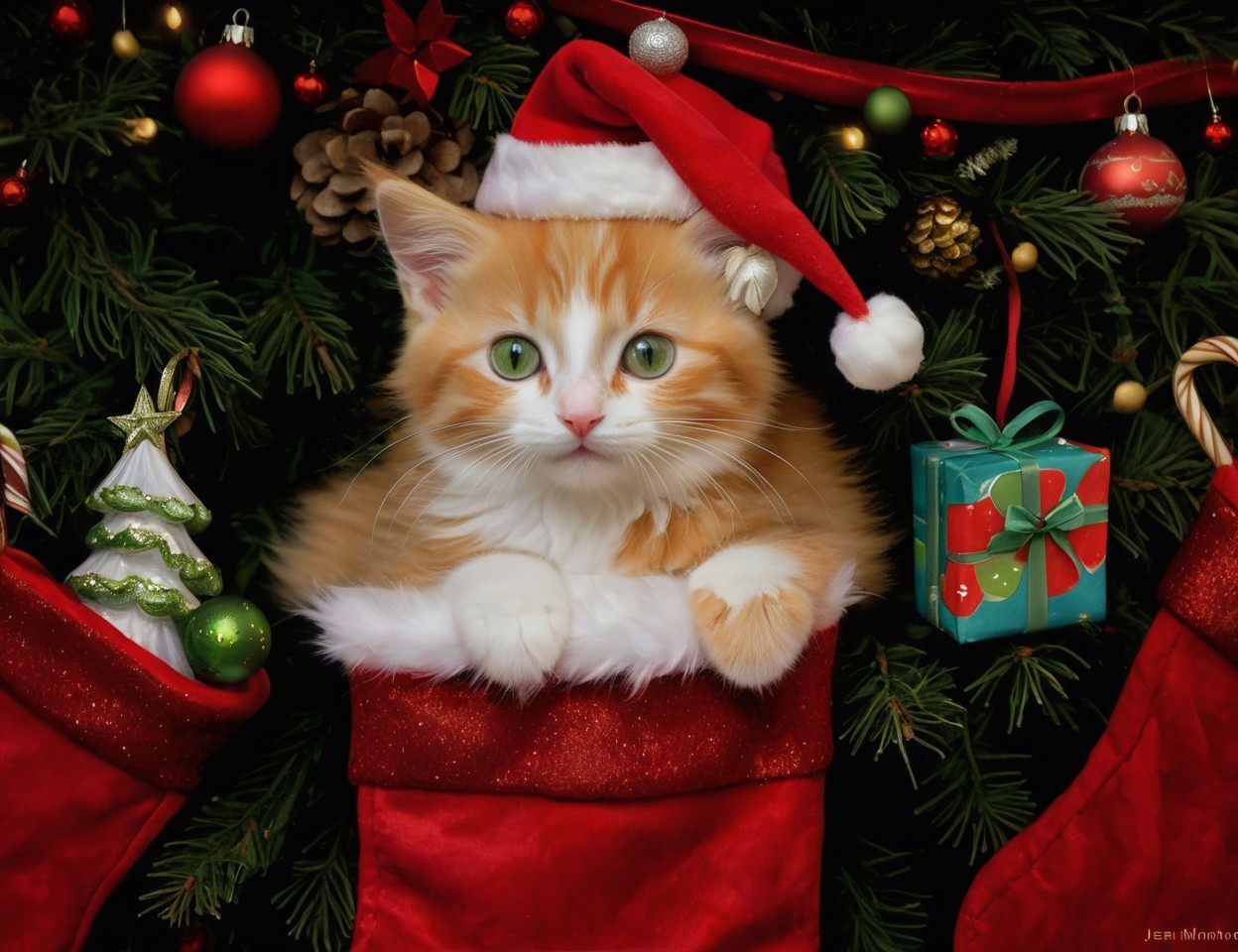 Fluffy Orange and White Kitten in Christmas Stocking