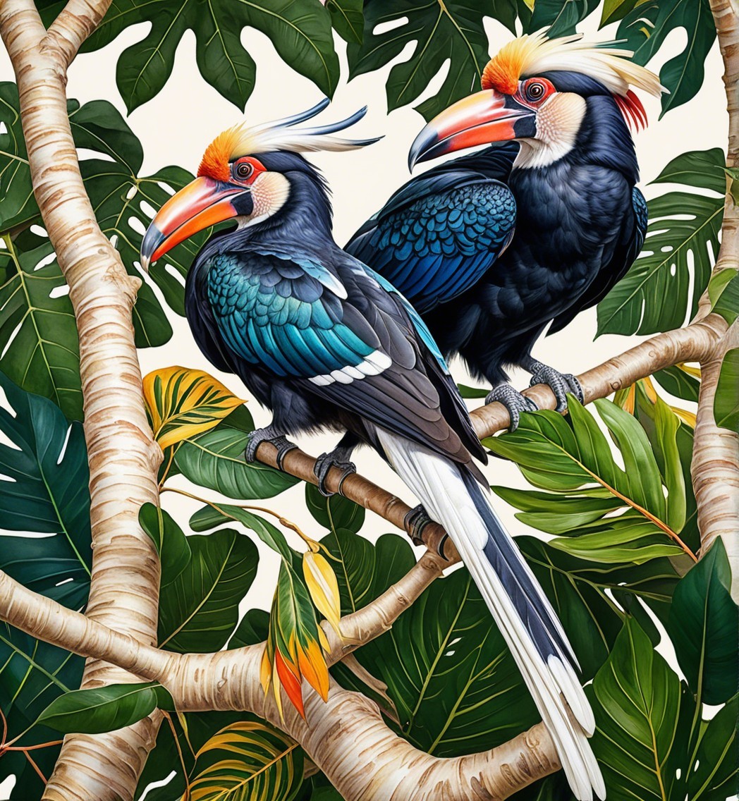 Vibrant Hornbills on Tree Branch in Tropical Foliage