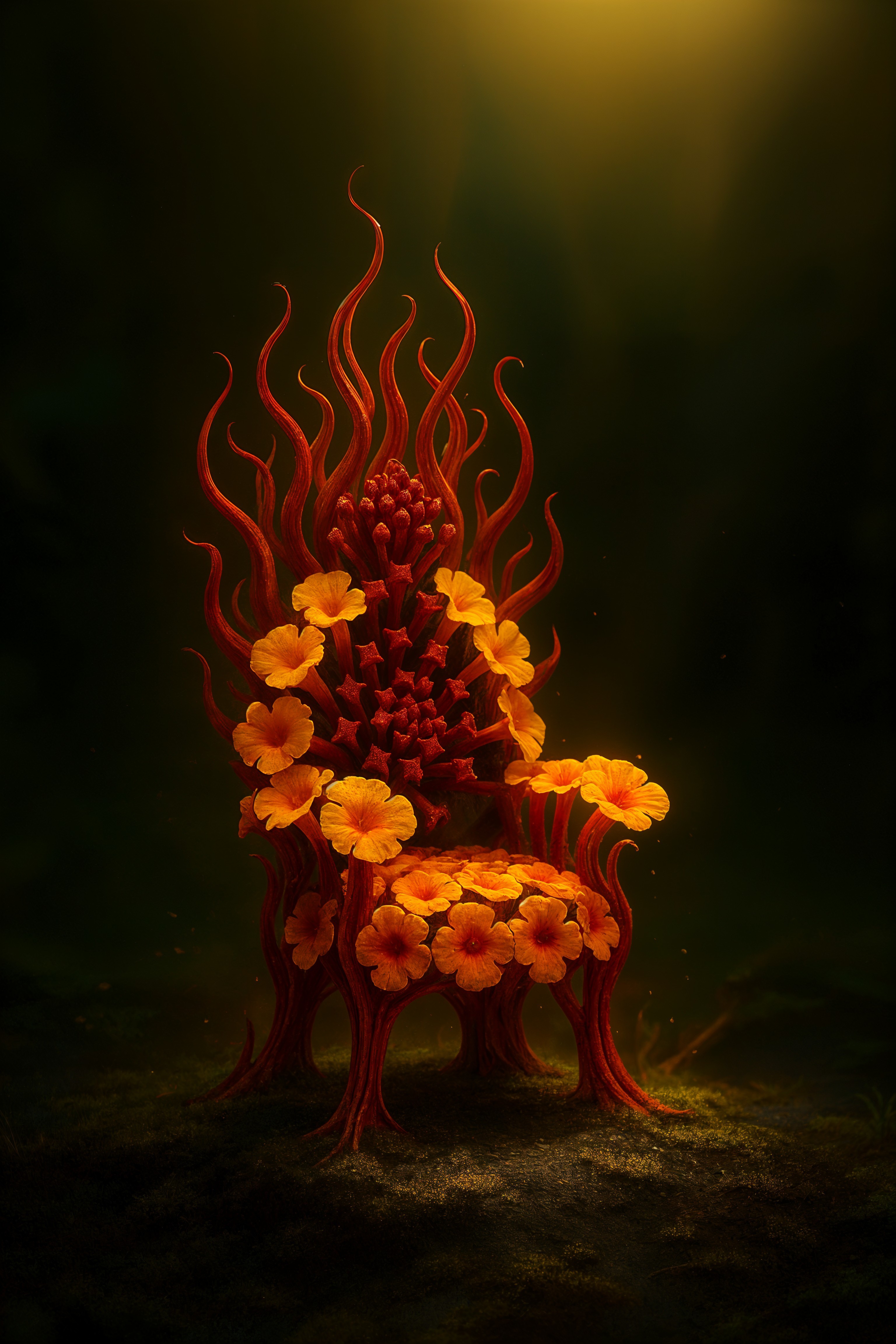 Vibrant throne made of red branches and flowers
