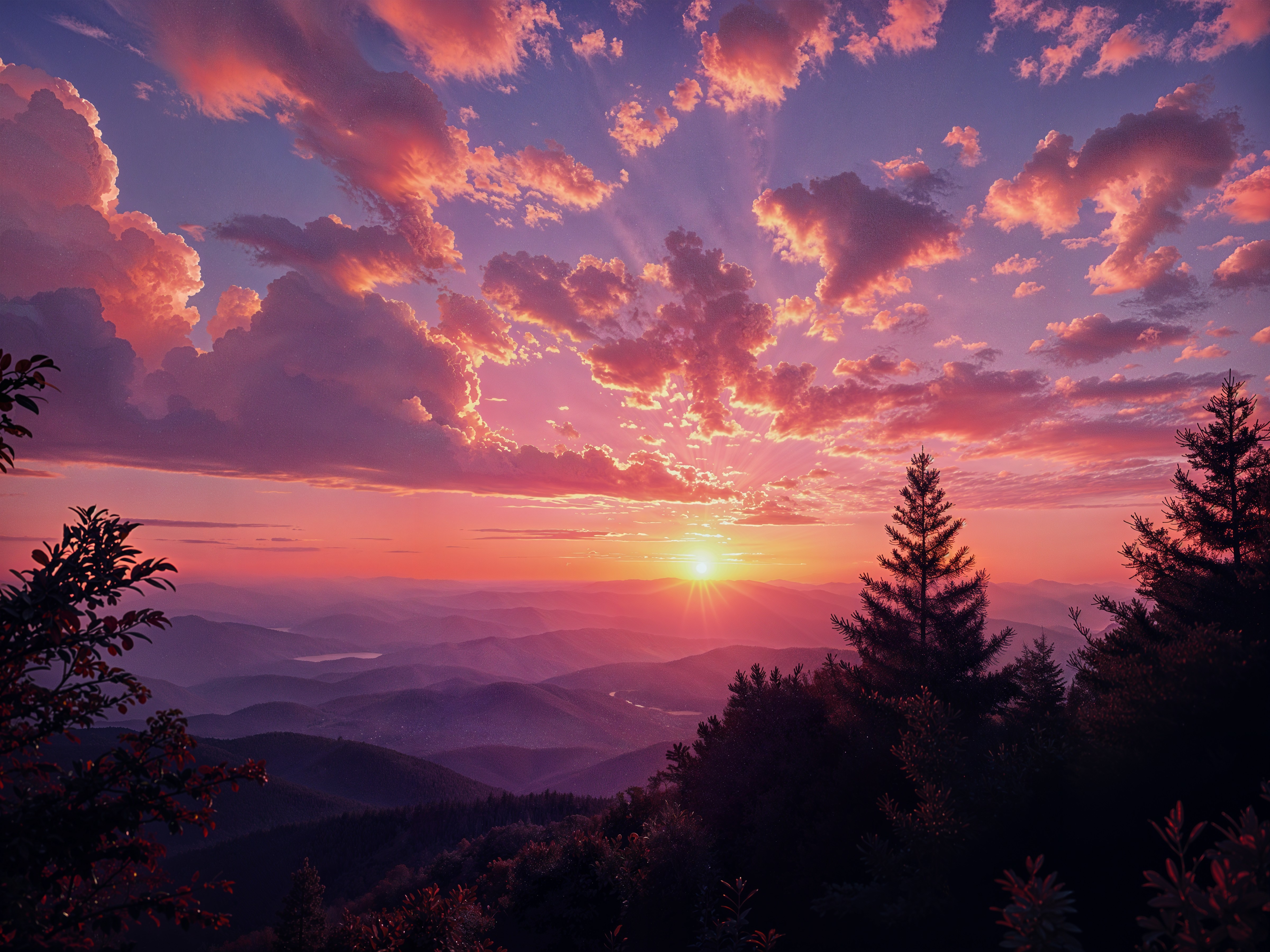 Vibrant Sunset Over Serene Mountain Landscape