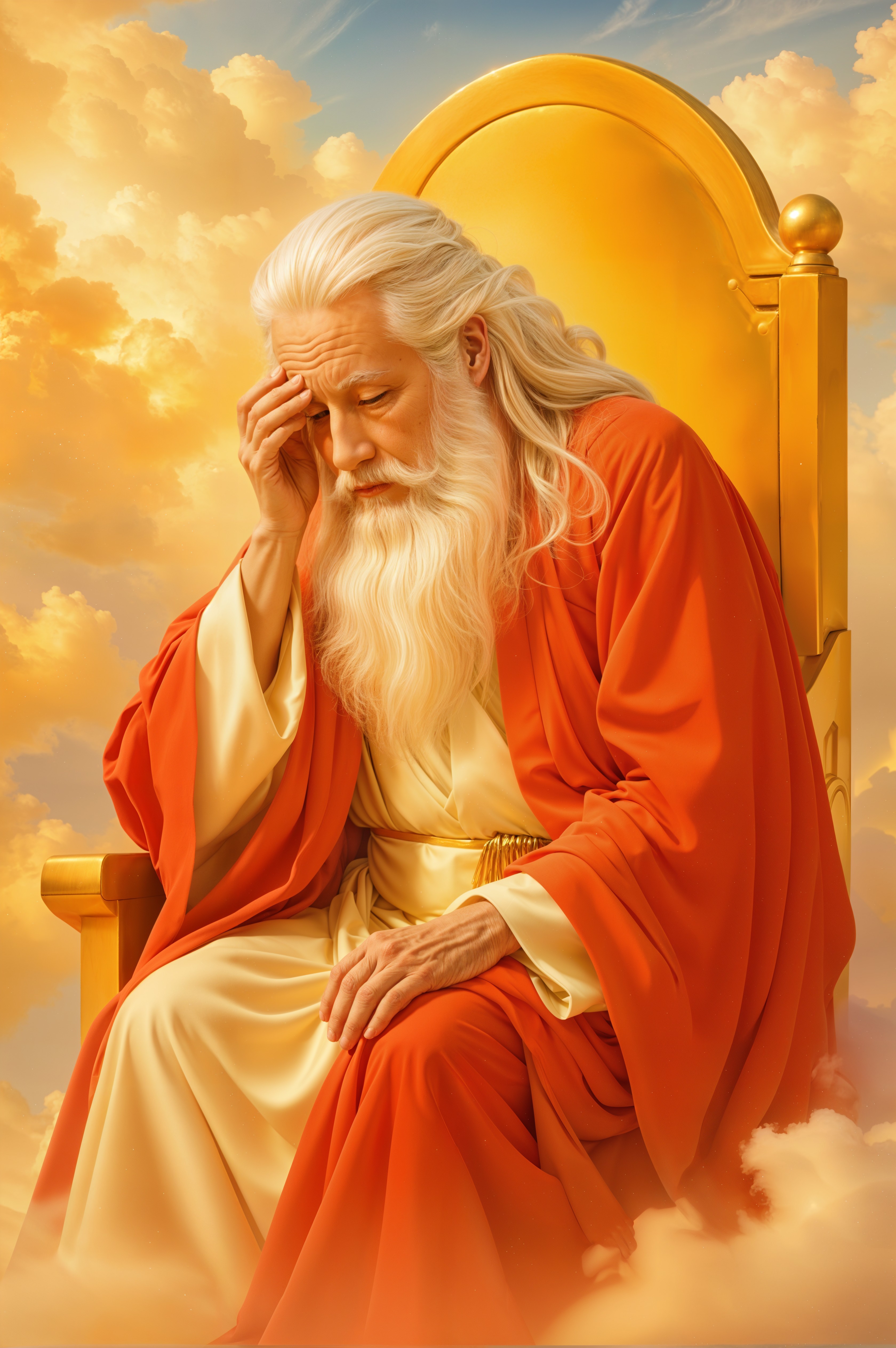 Elderly Figure on Golden Throne Surrounded by Clouds