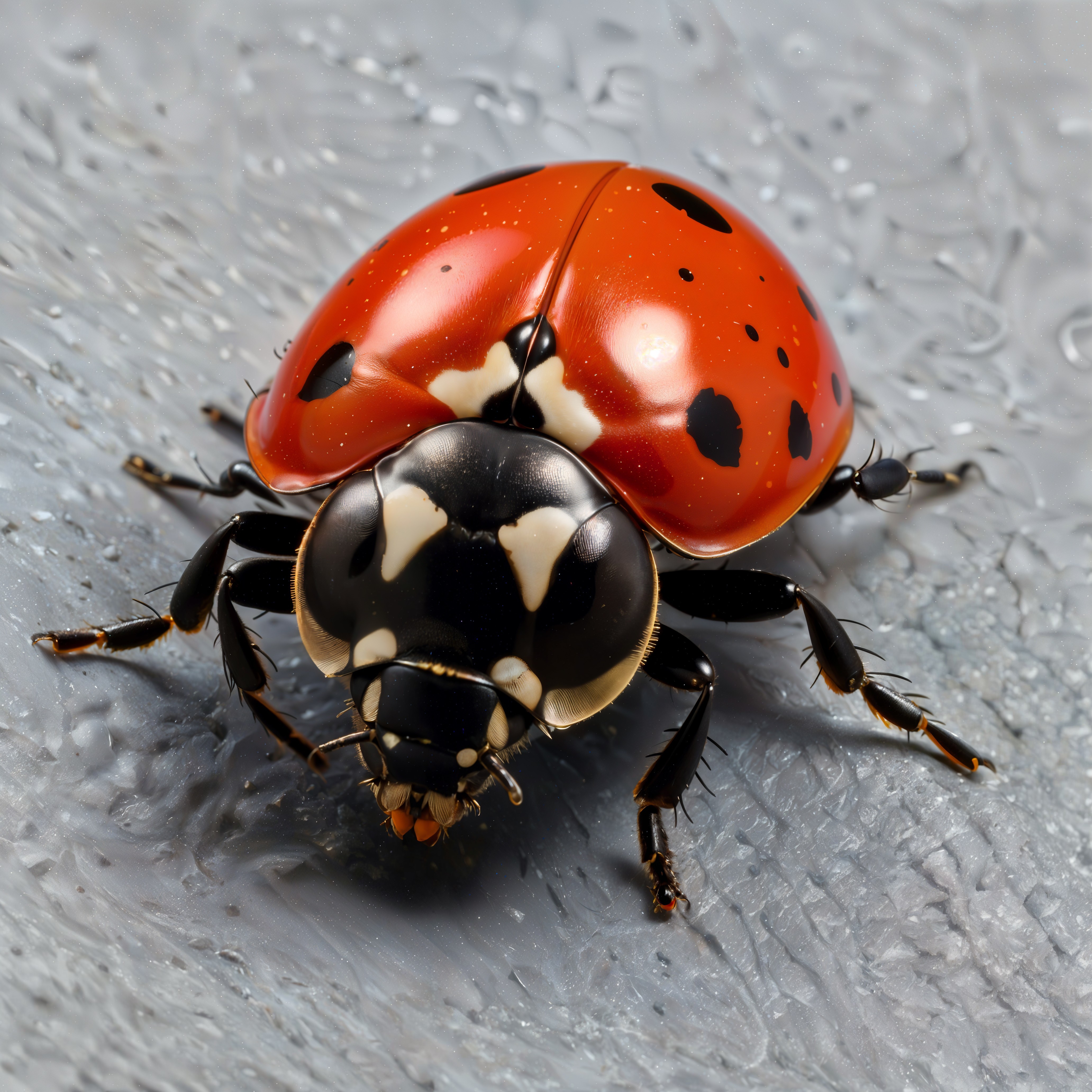 Close-up of a glossy red ladybug on gray surface