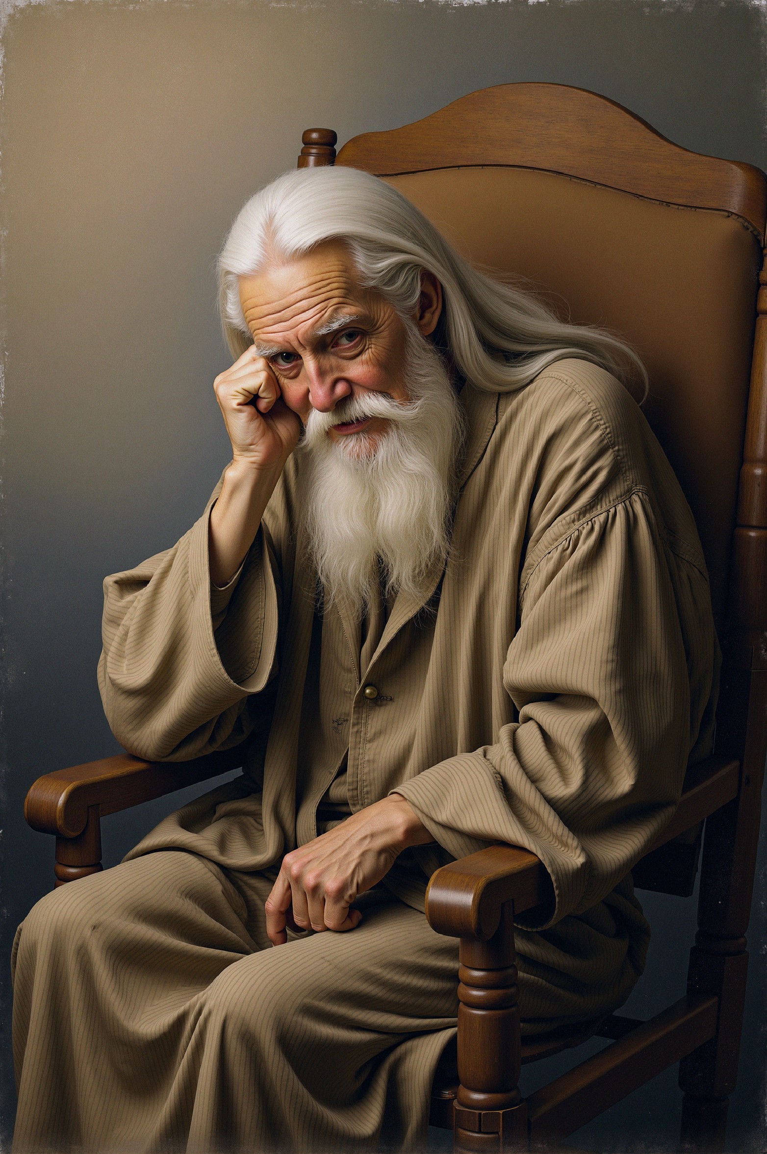 Elderly Man in Contemplation with White Hair and Beard