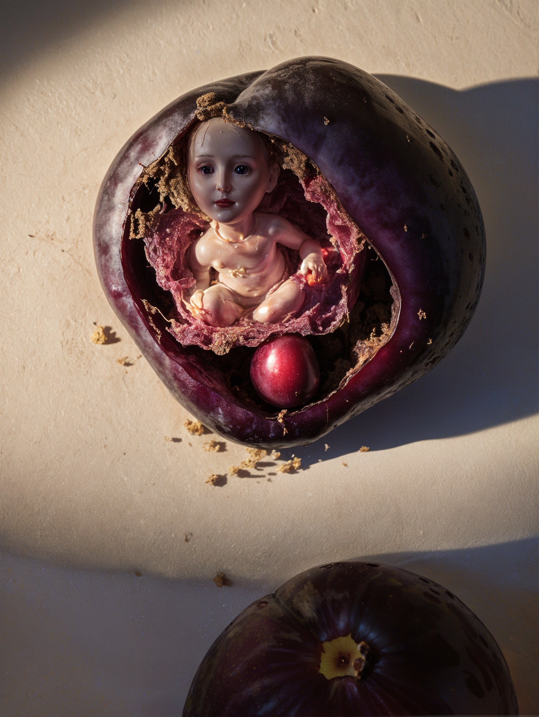 Surreal Scene with Dark Purple Fruit and Human Figure