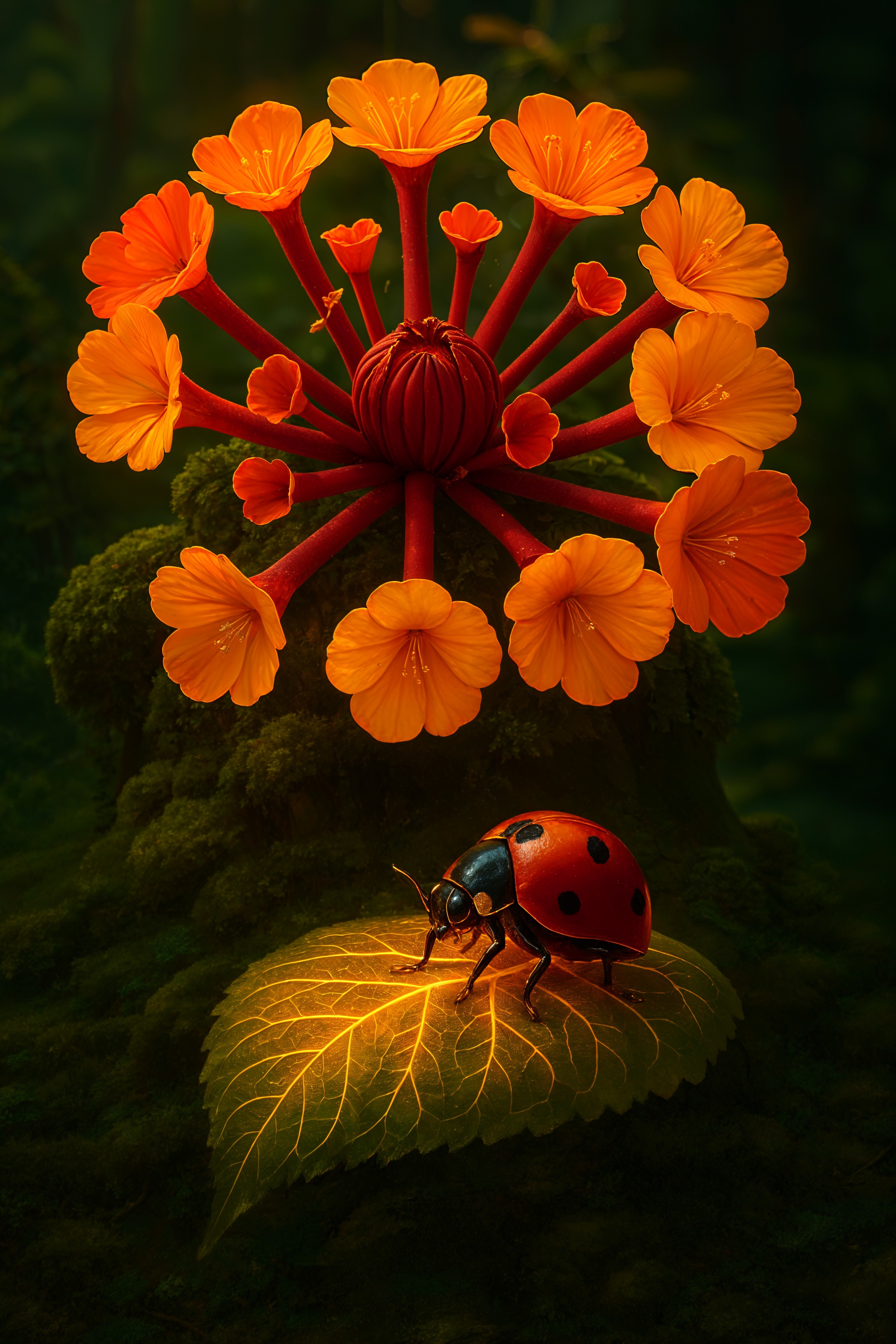 Vibrant Flower and Ladybug in Enchanted Forest Scene
