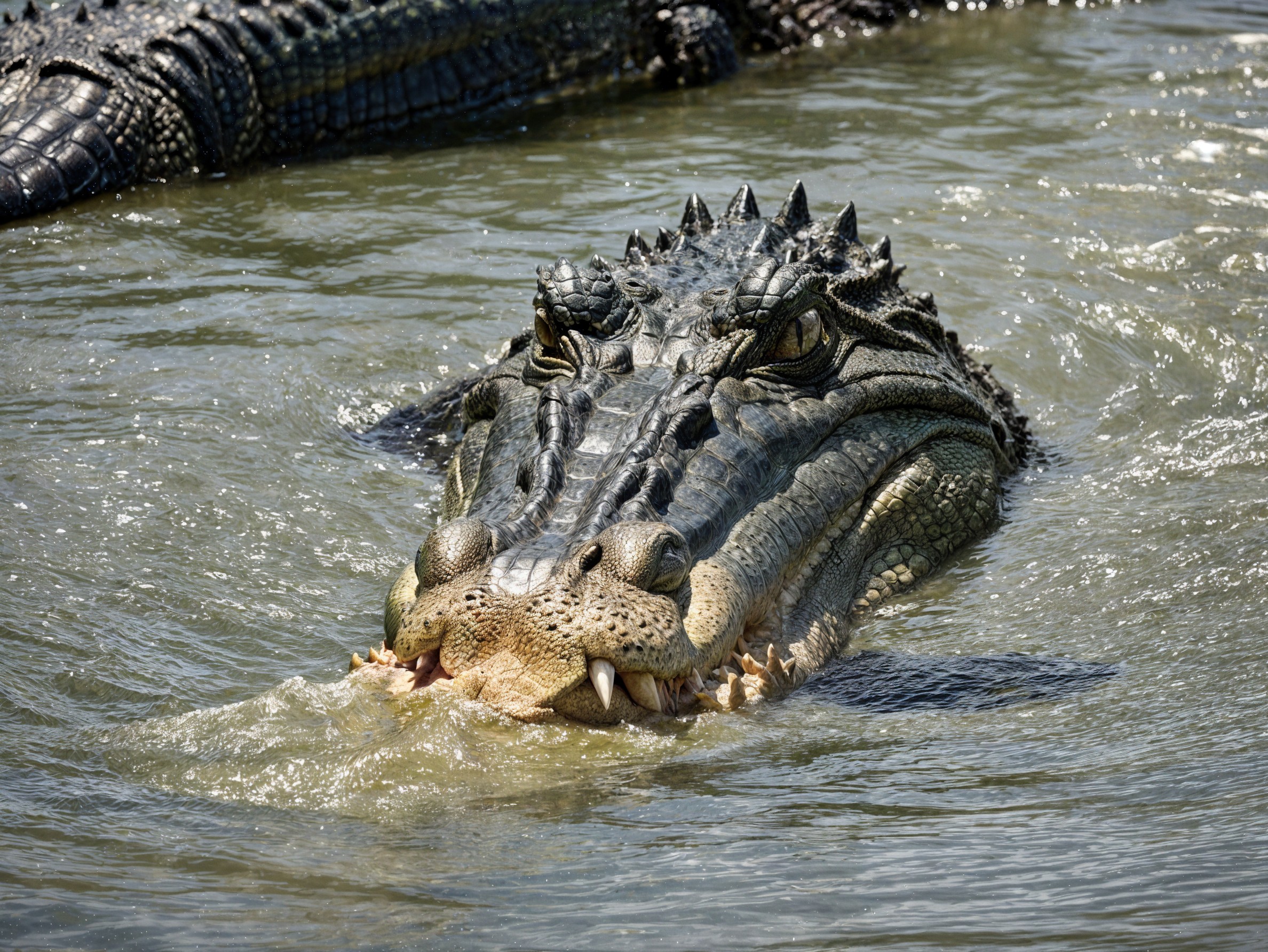 Crocodile Gliding in Water with Visible Prey