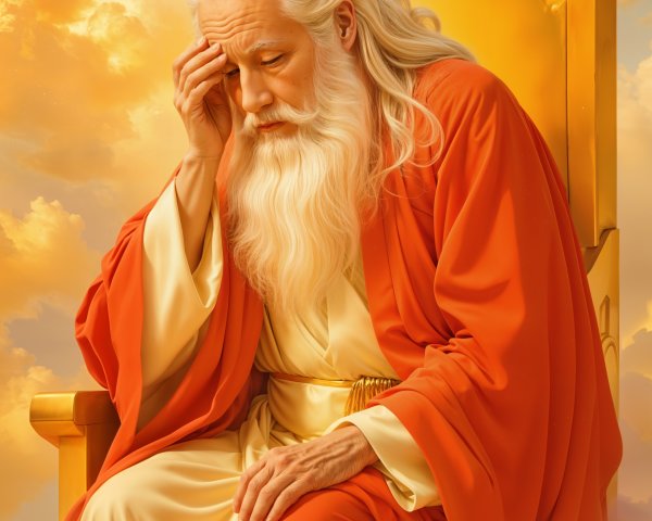 Elderly Figure on Golden Throne Surrounded by Clouds