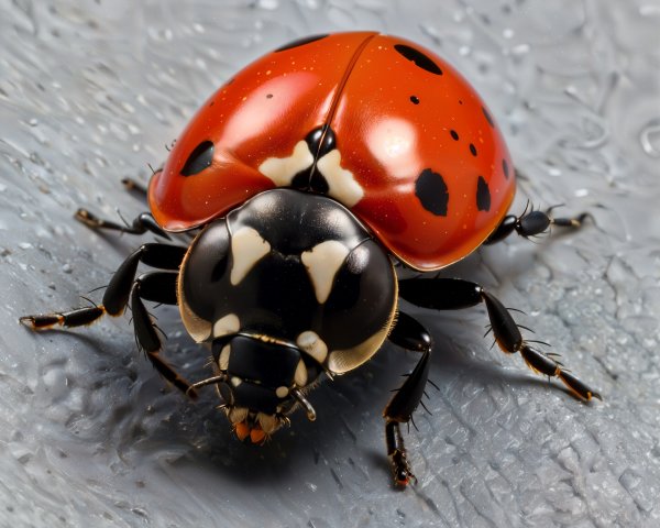 Close-up of a glossy red ladybug on gray surface