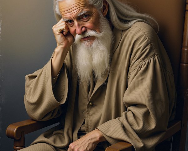 Elderly Man in Contemplation with White Hair and Beard