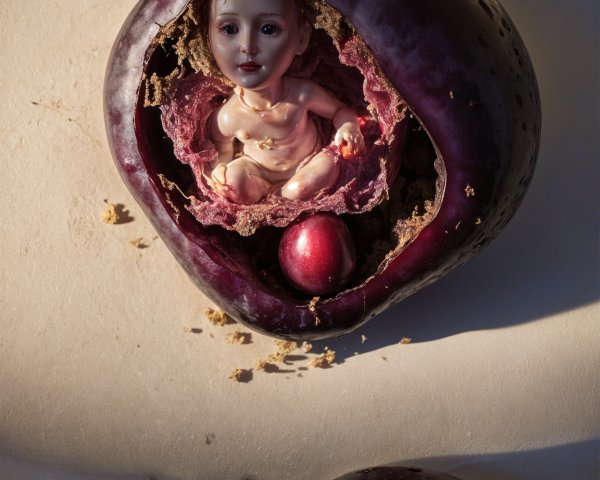 Surreal Scene with Dark Purple Fruit and Human Figure