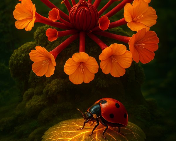 Vibrant Flower and Ladybug in Enchanted Forest Scene