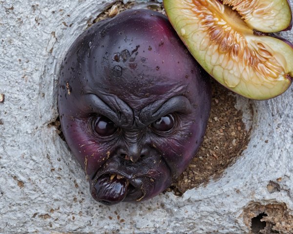 Surreal Purple Eggplant with Grumpy Facial Expression