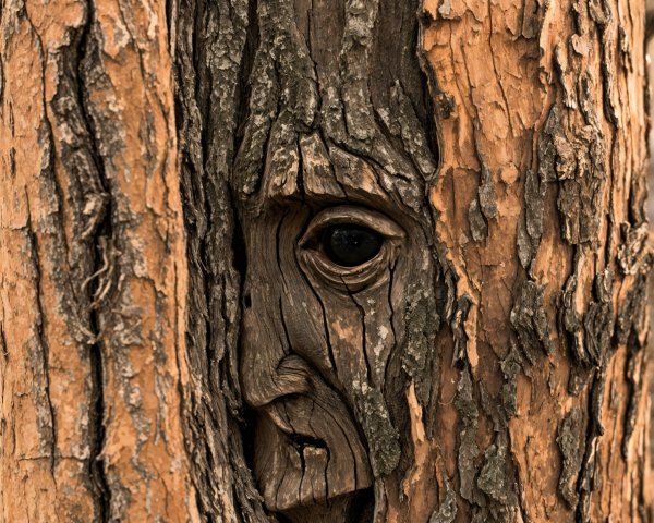 Close-up of Tree Bark with Carved Face Detail