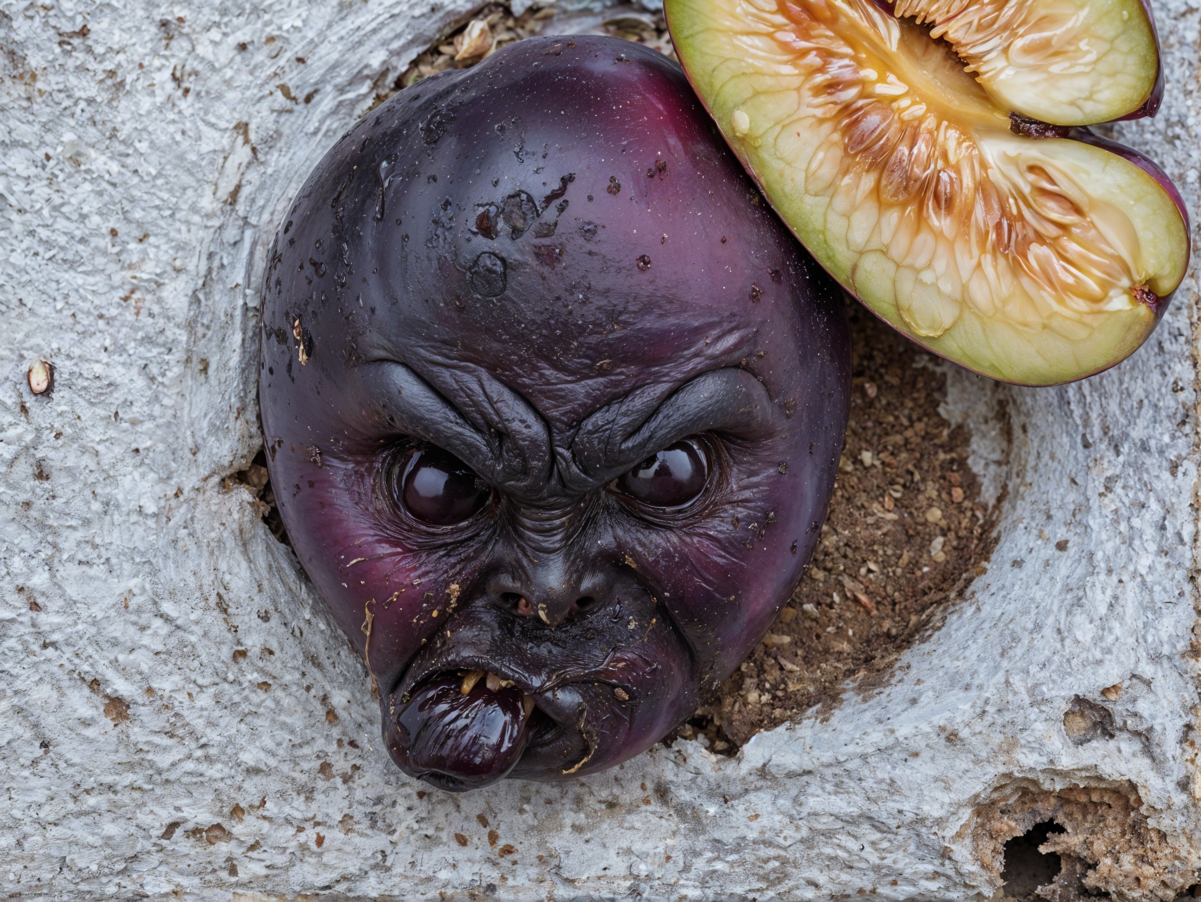 Surreal Purple Eggplant with Grumpy Facial Expression