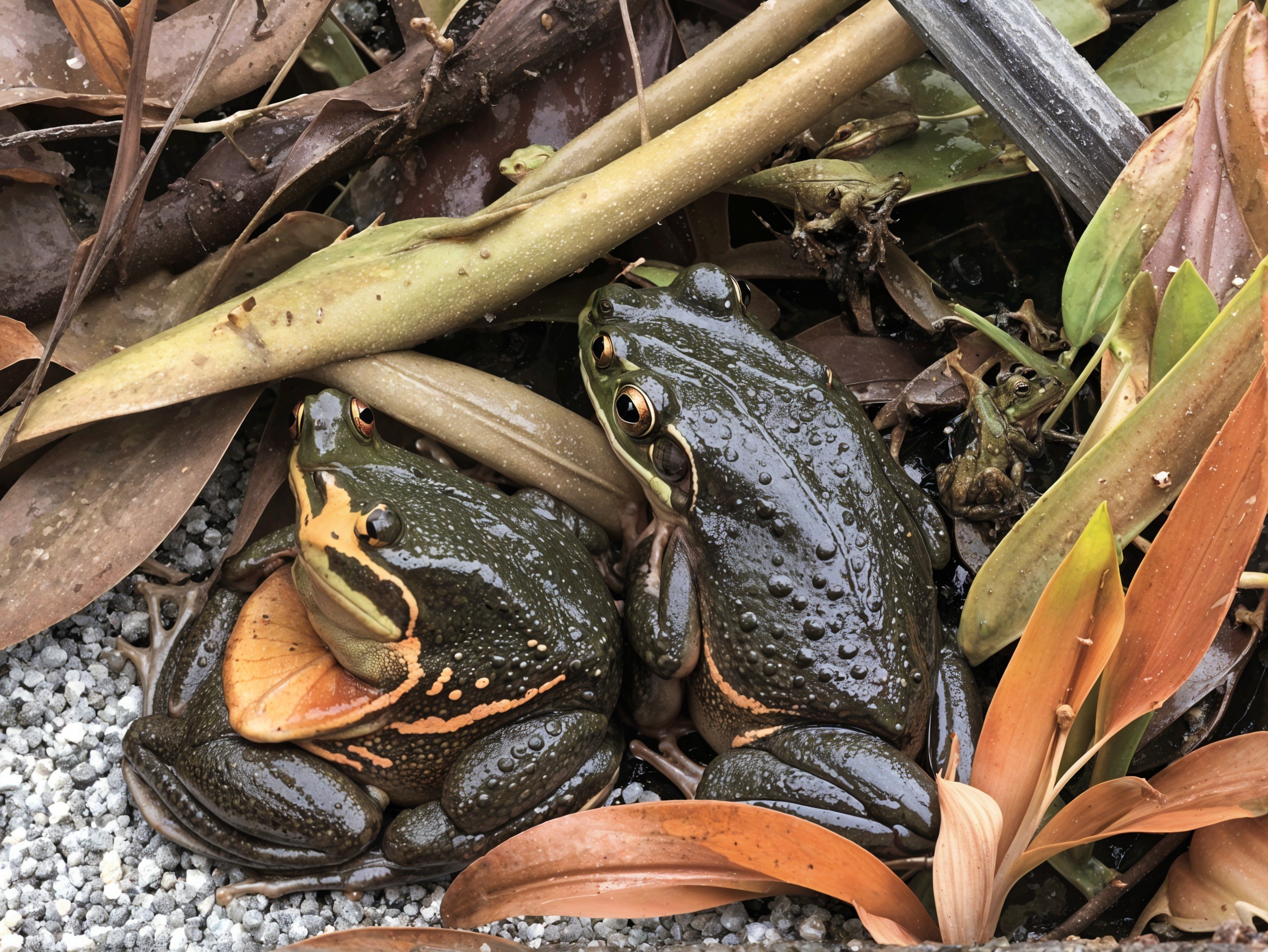 Frogs Among Brown and Orange Leaves in Natural Habitat