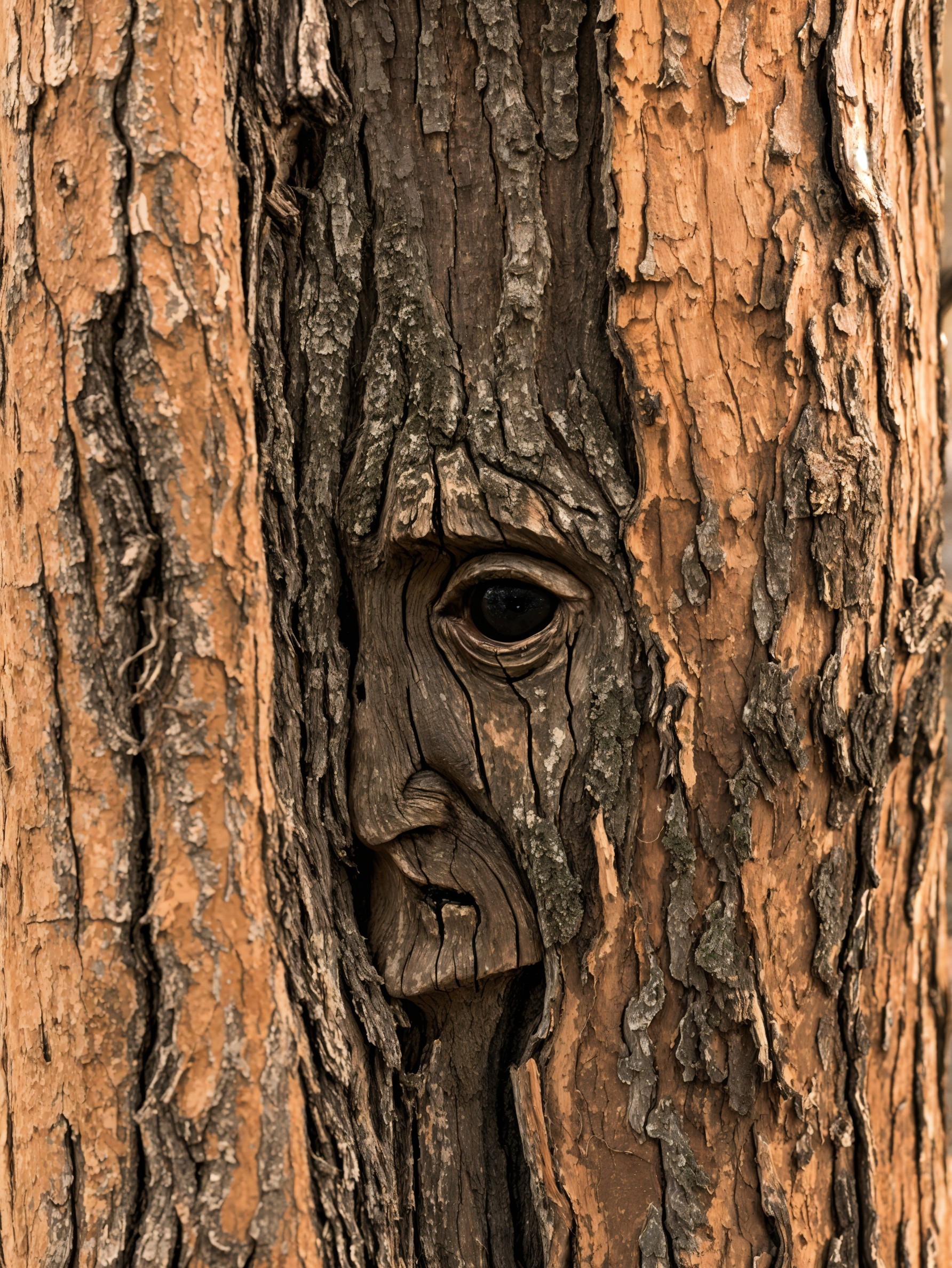 Close-up of Tree Bark with Carved Face Detail