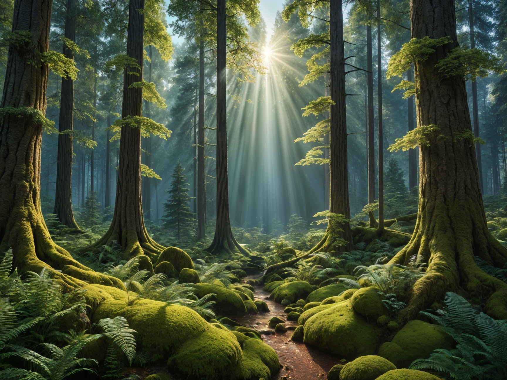 Serene Forest Scene with Sunlight and Gentle Stream