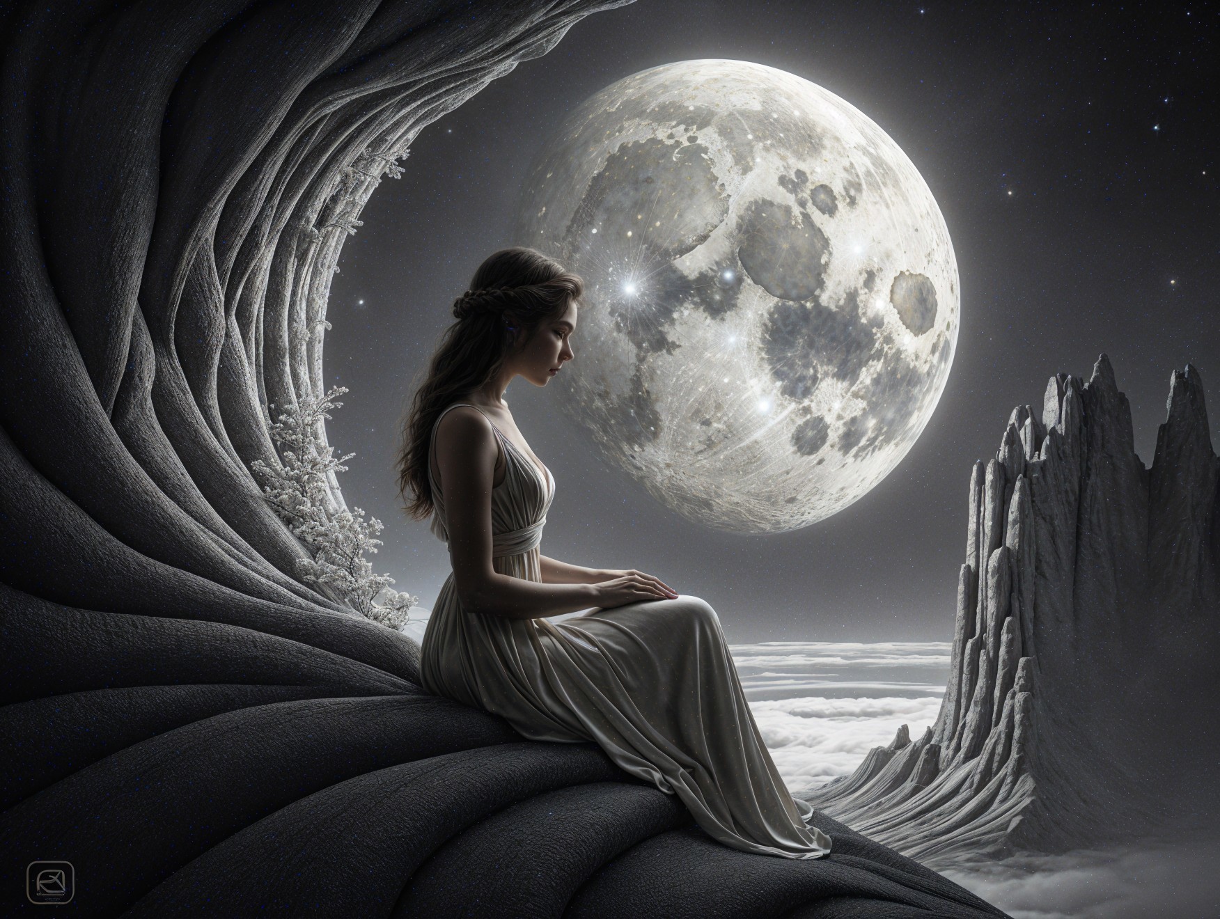 Serene Woman in White Dress Under Luminous Moon