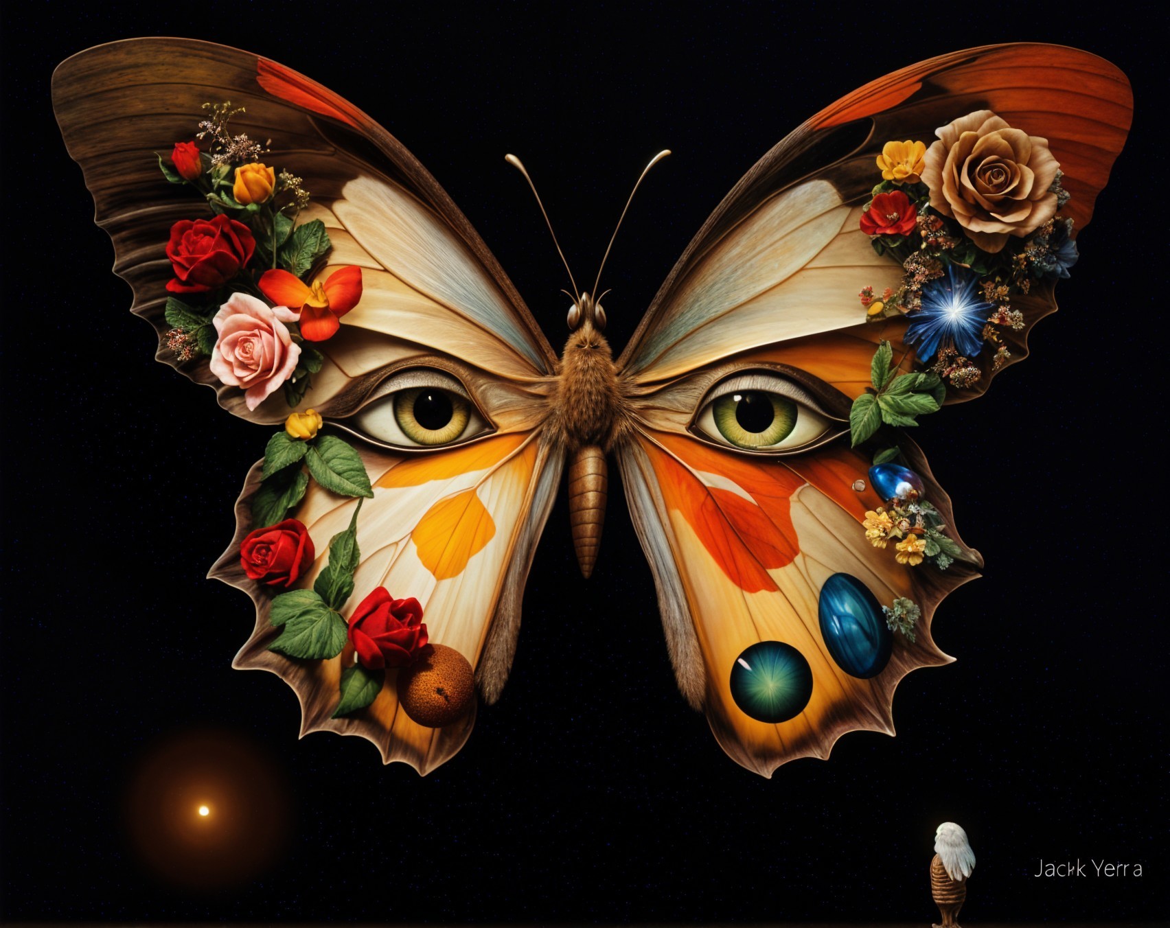 Vibrant Butterfly Artwork with Floral and Gemstone Details