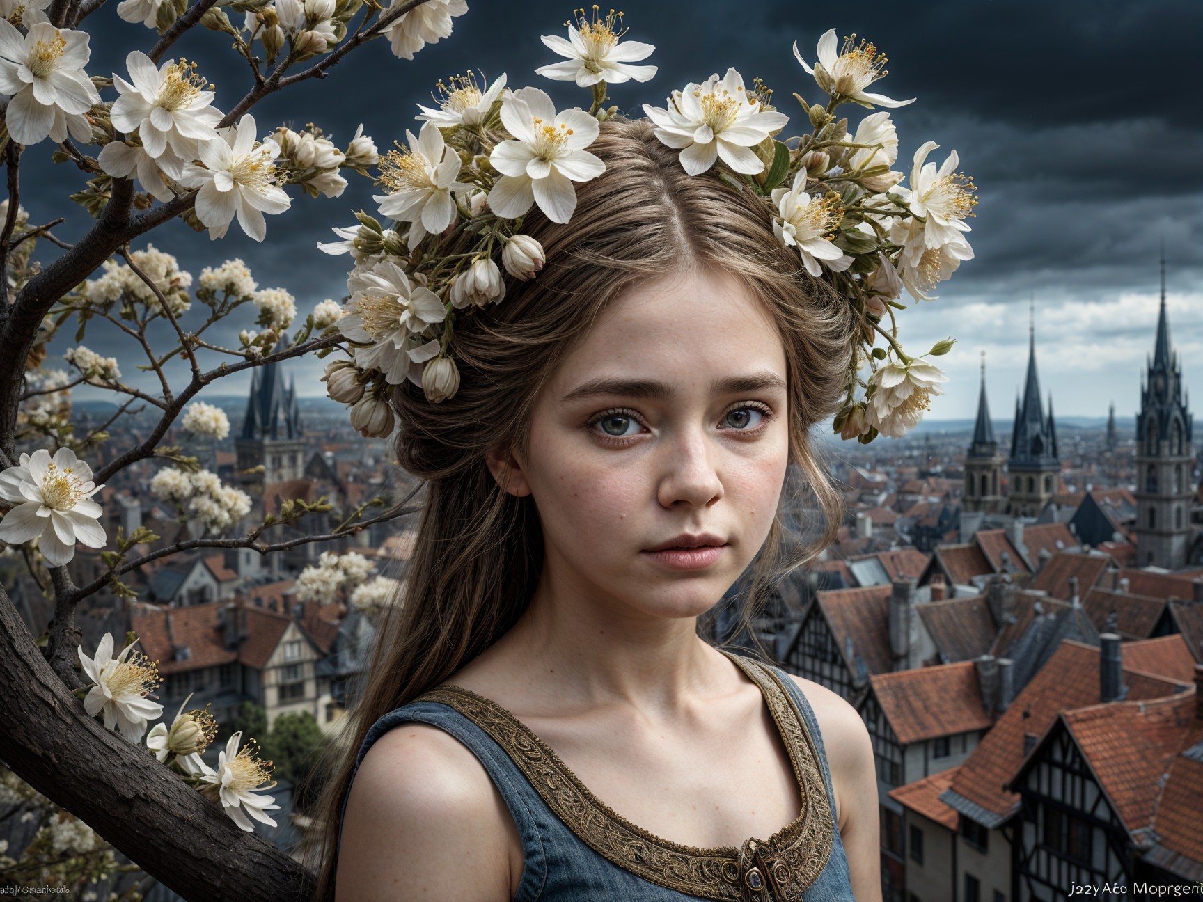 Young Woman with Flowers Against Dramatic Sky