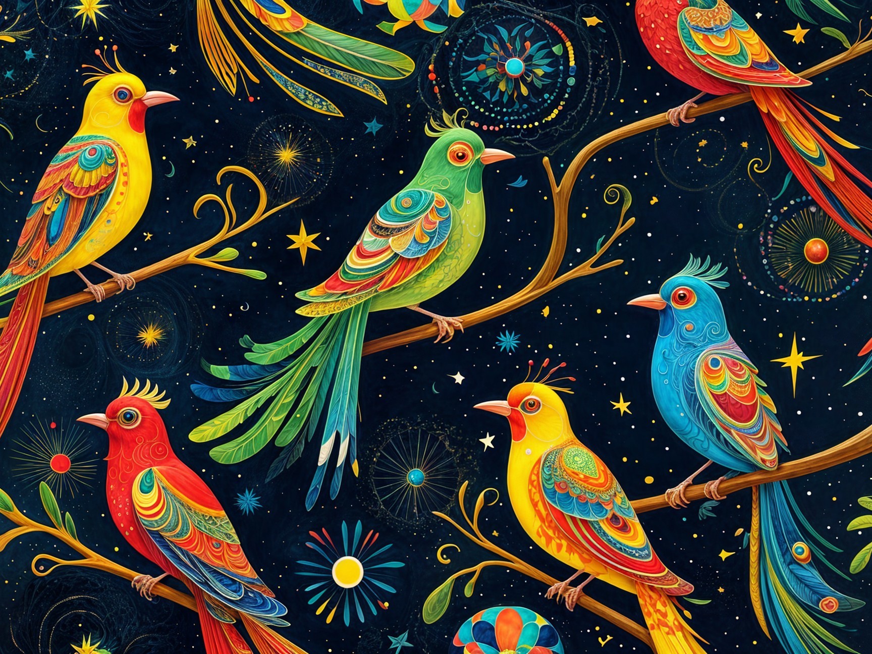Colorful Birds on Branches Against Starry Background
