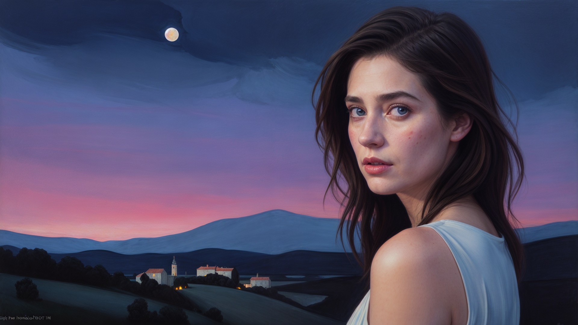 Portrait of a young woman in a twilight landscape