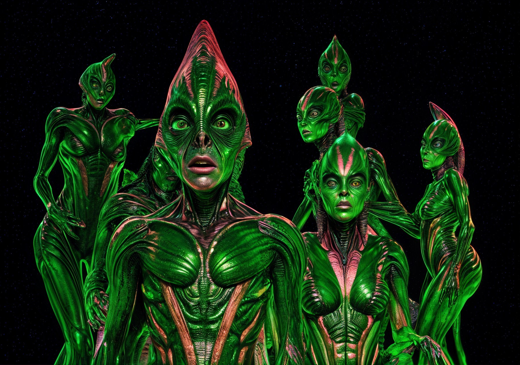 Alien Beings with Vibrant Skin Against Starry Backdrop