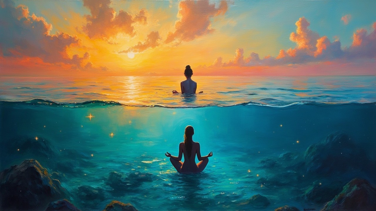 Serene Ocean Scene with Meditating Figures at Sunset