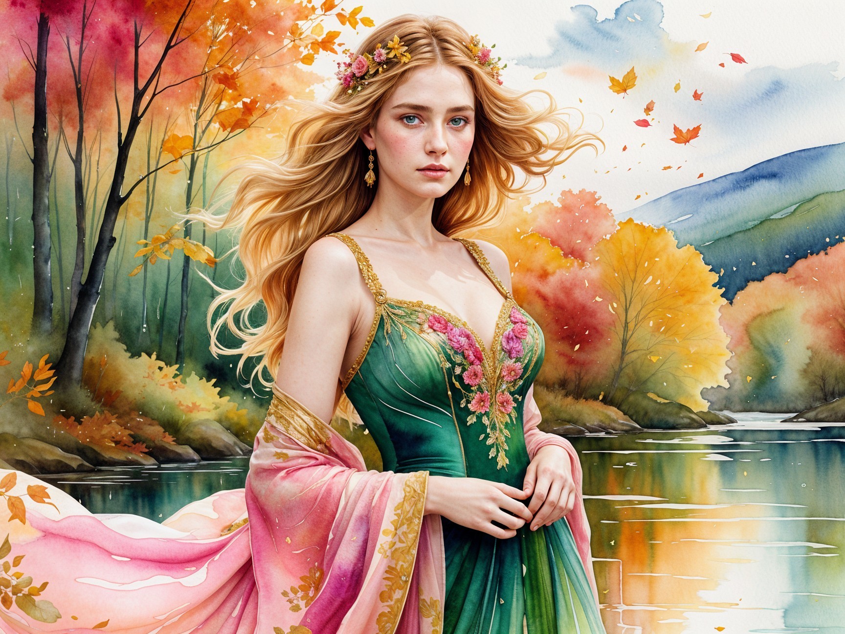Young woman in gown by serene autumn lake