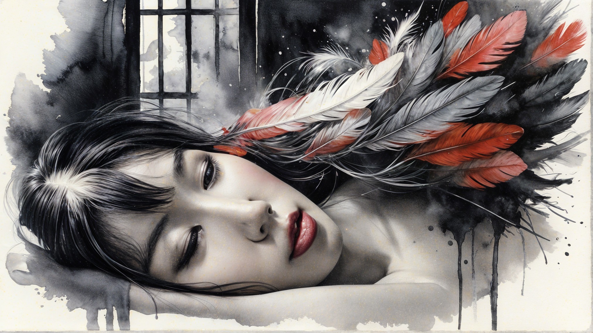 Serene Portrait of Woman with Feathers and Watercolor