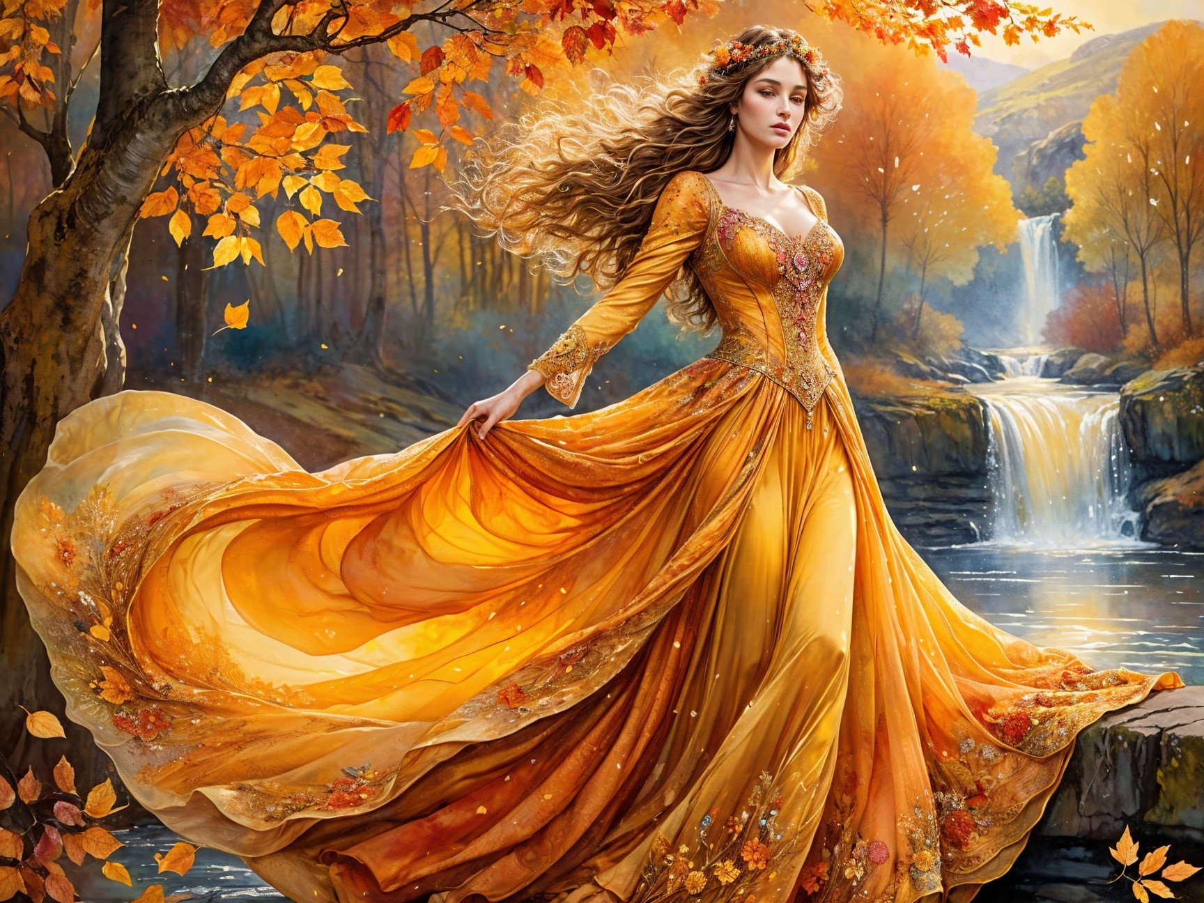 Woman in Golden Gown by Autumn Waterfall