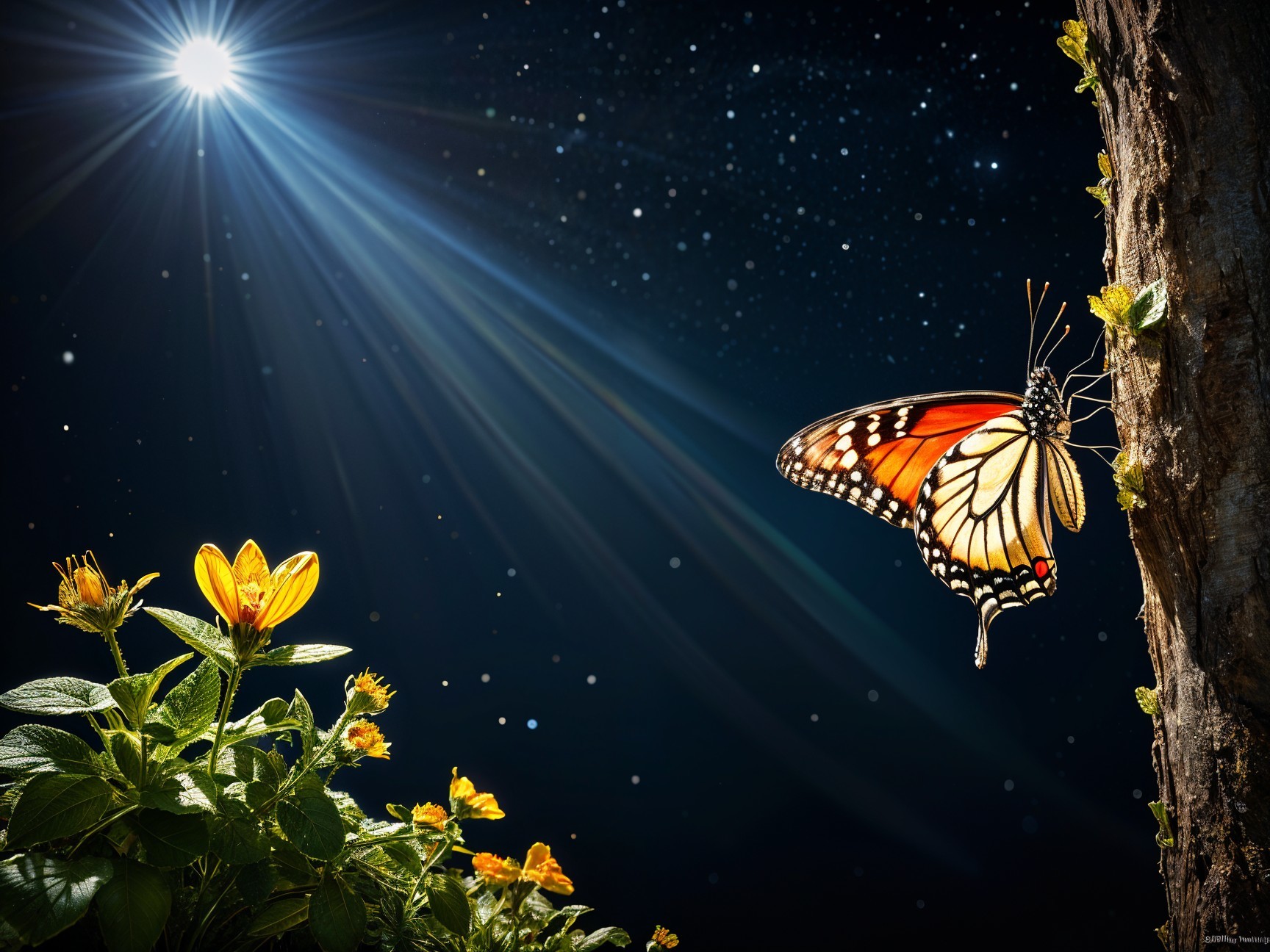Monarch Butterfly on Tree with Night Sky and Flowers