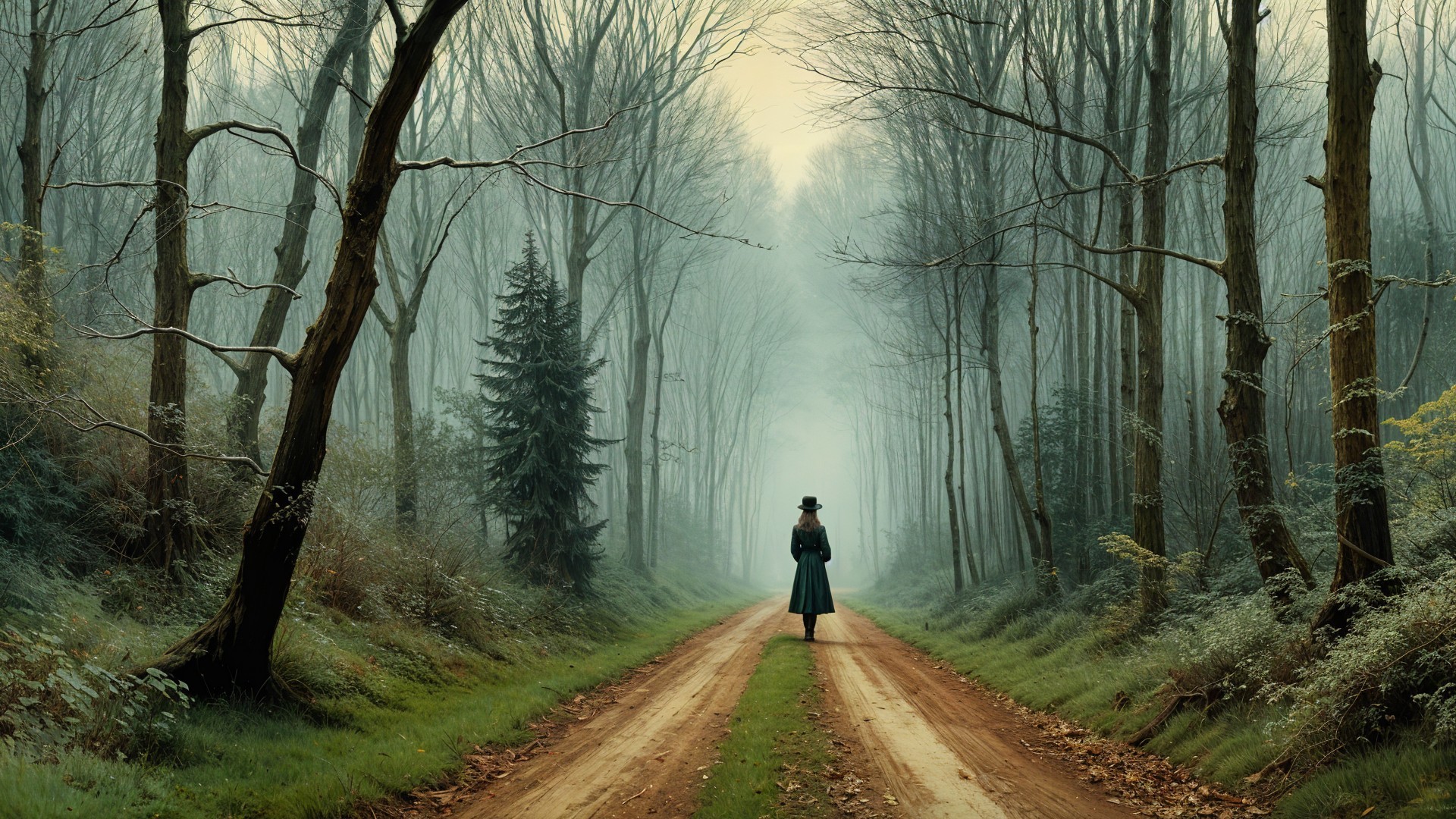 Solitary Figure on Misty Path with Bare Trees