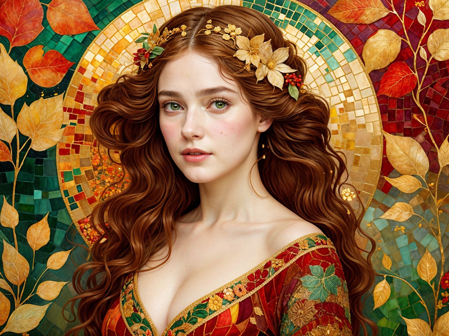 Portrait of a woman with auburn hair and red gown