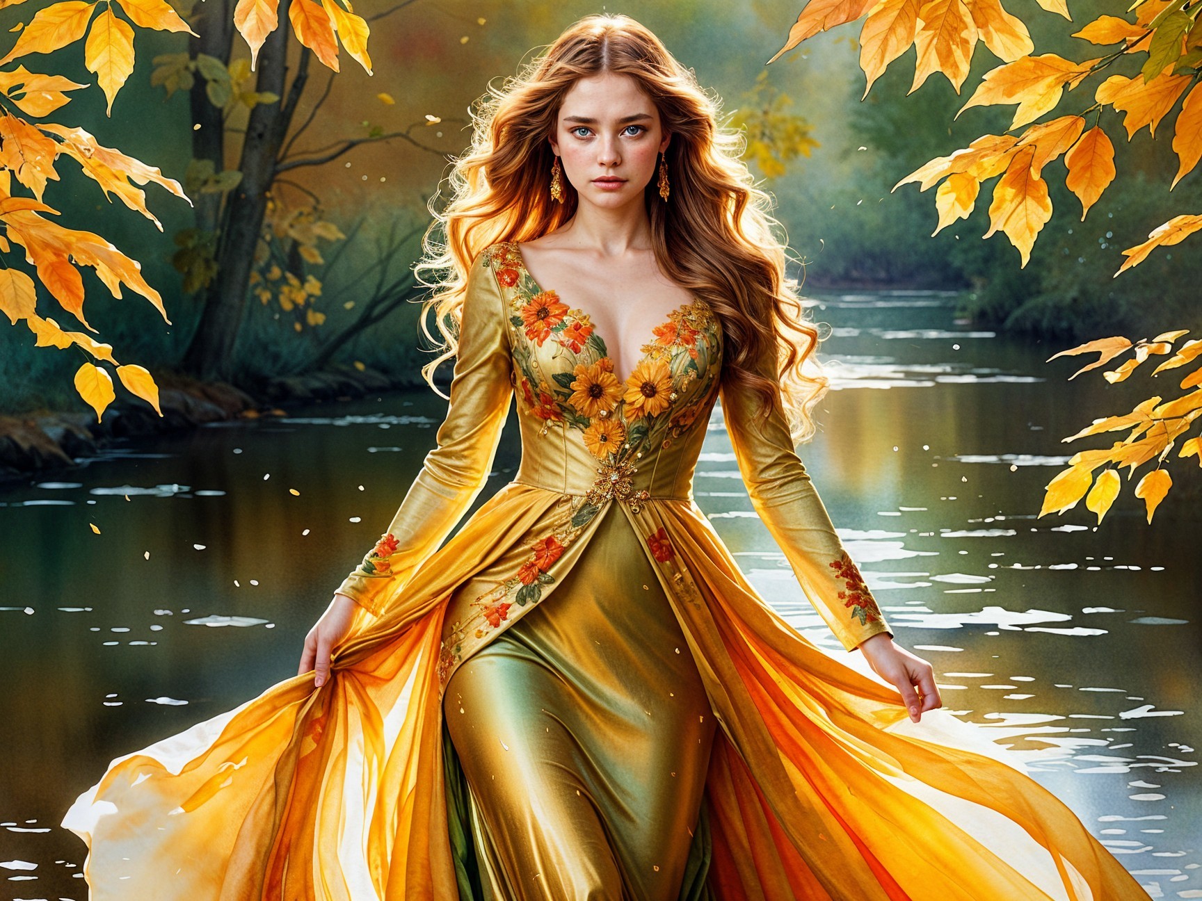 Young woman in yellow gown by serene autumn river