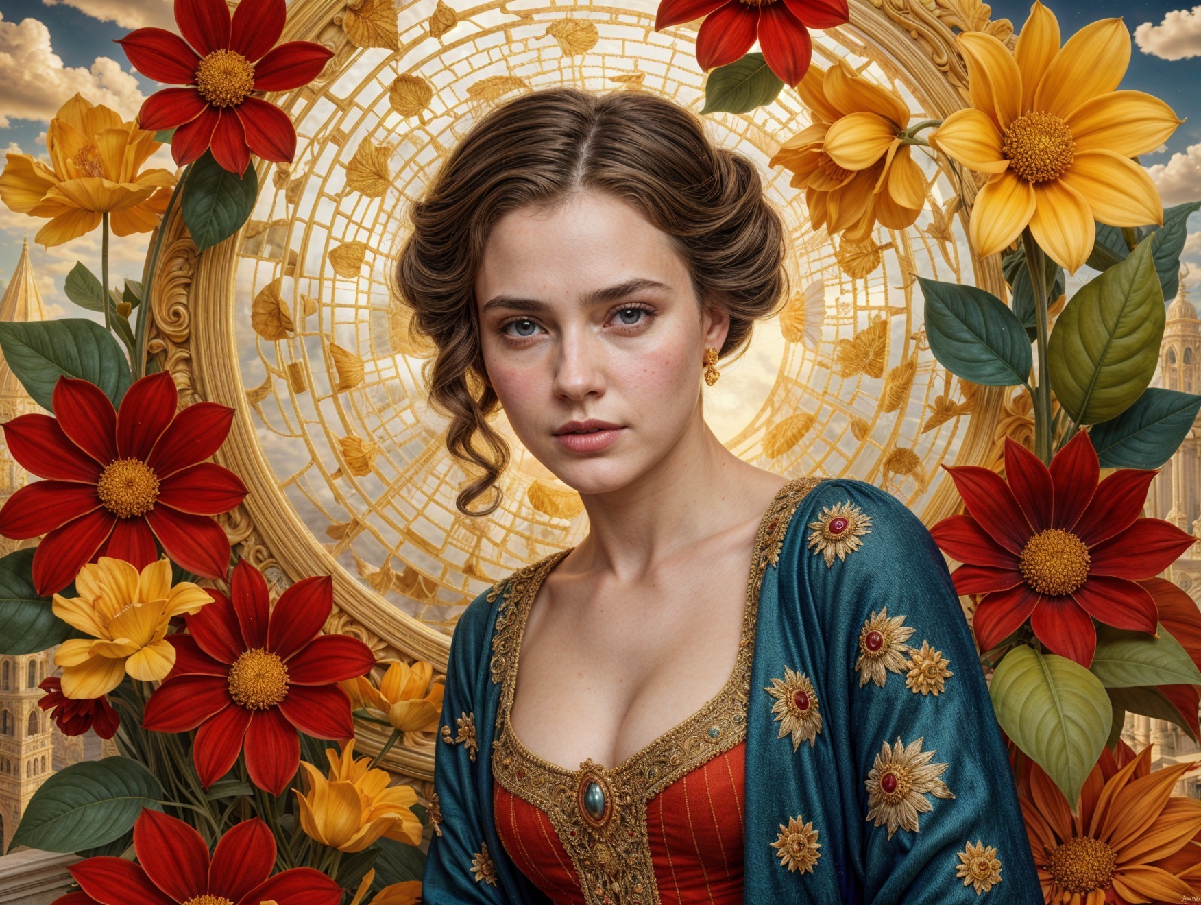 Elegant woman in vibrant gown with lush floral backdrop