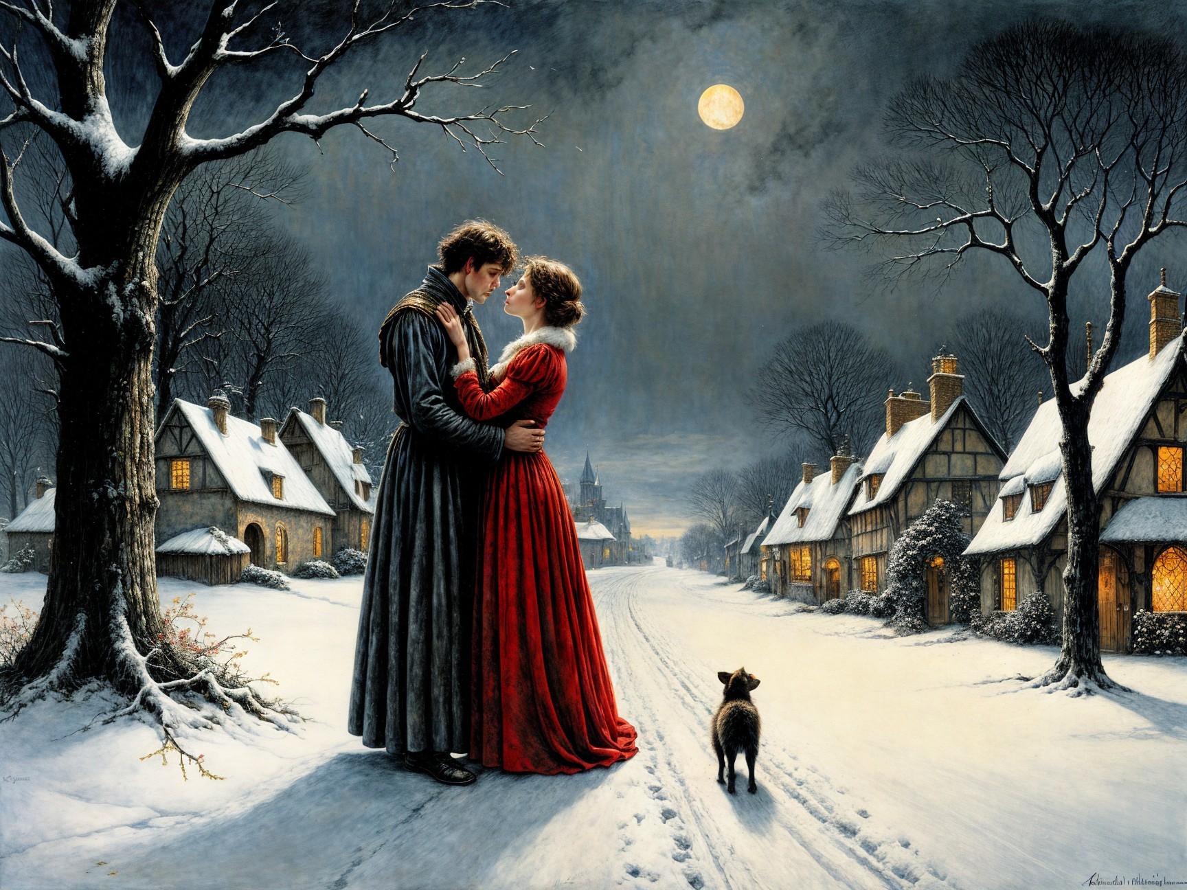 Romantic Winter Scene in a Snow-Covered Village
