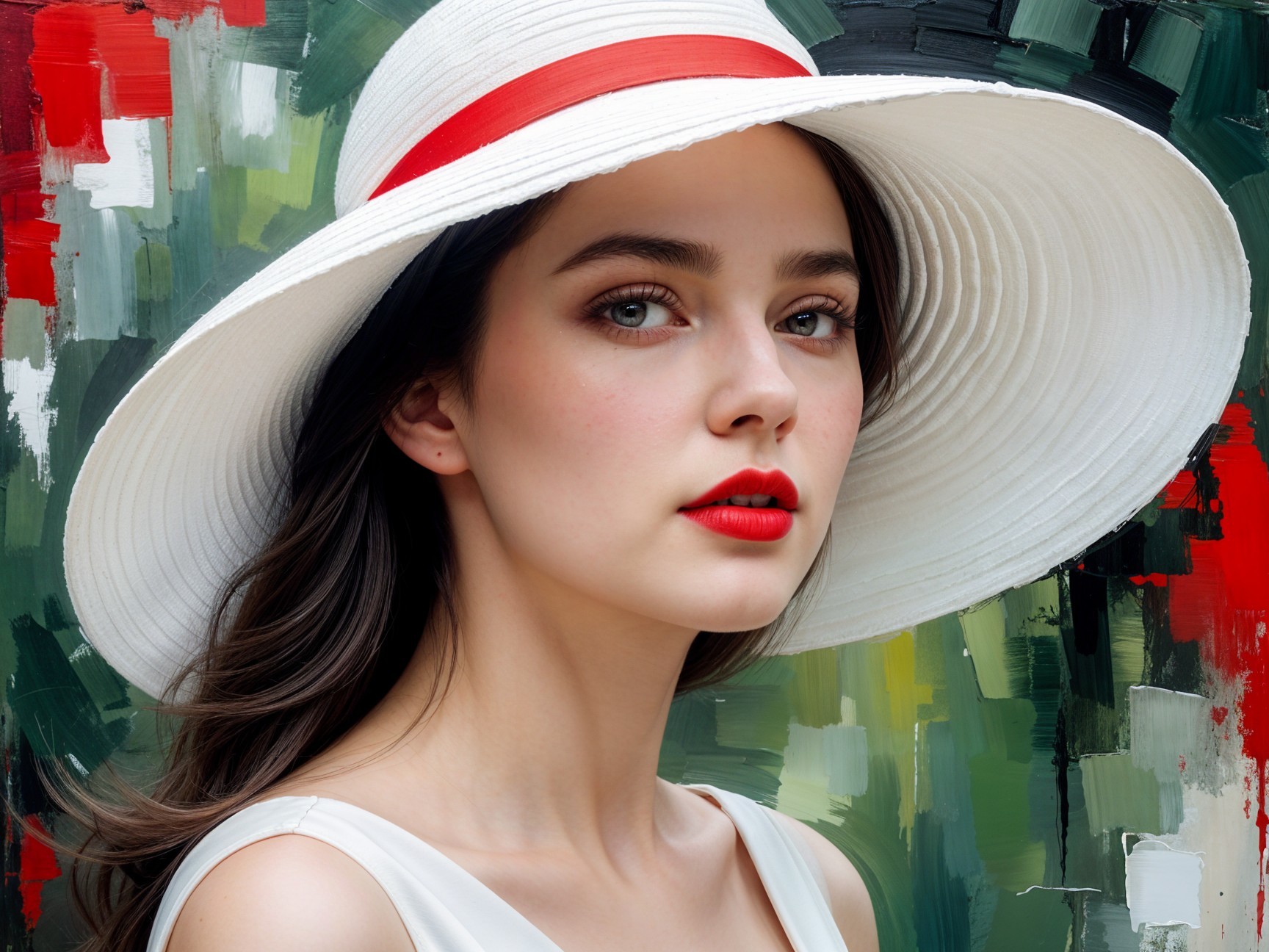 Elegant young woman in wide-brimmed white hat