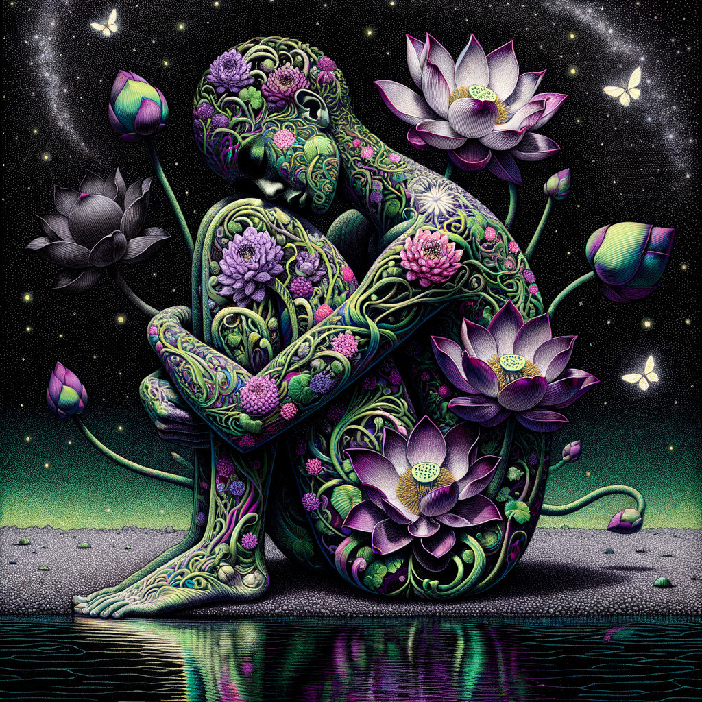 Surreal Figure Surrounded by Floral Patterns and Water